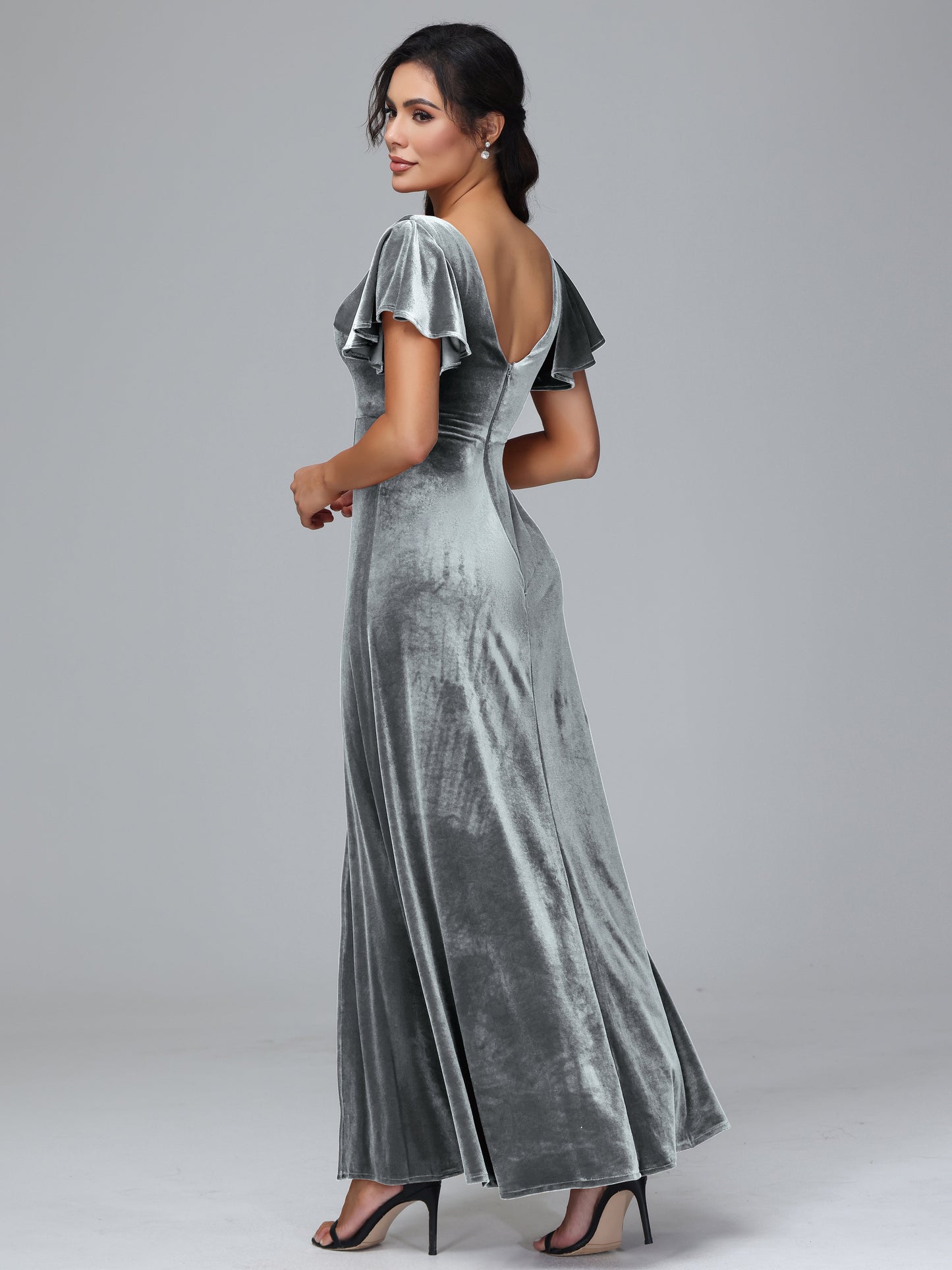 Short Sleeves Plus Size Velvet Bridesmaid Dress With Slit