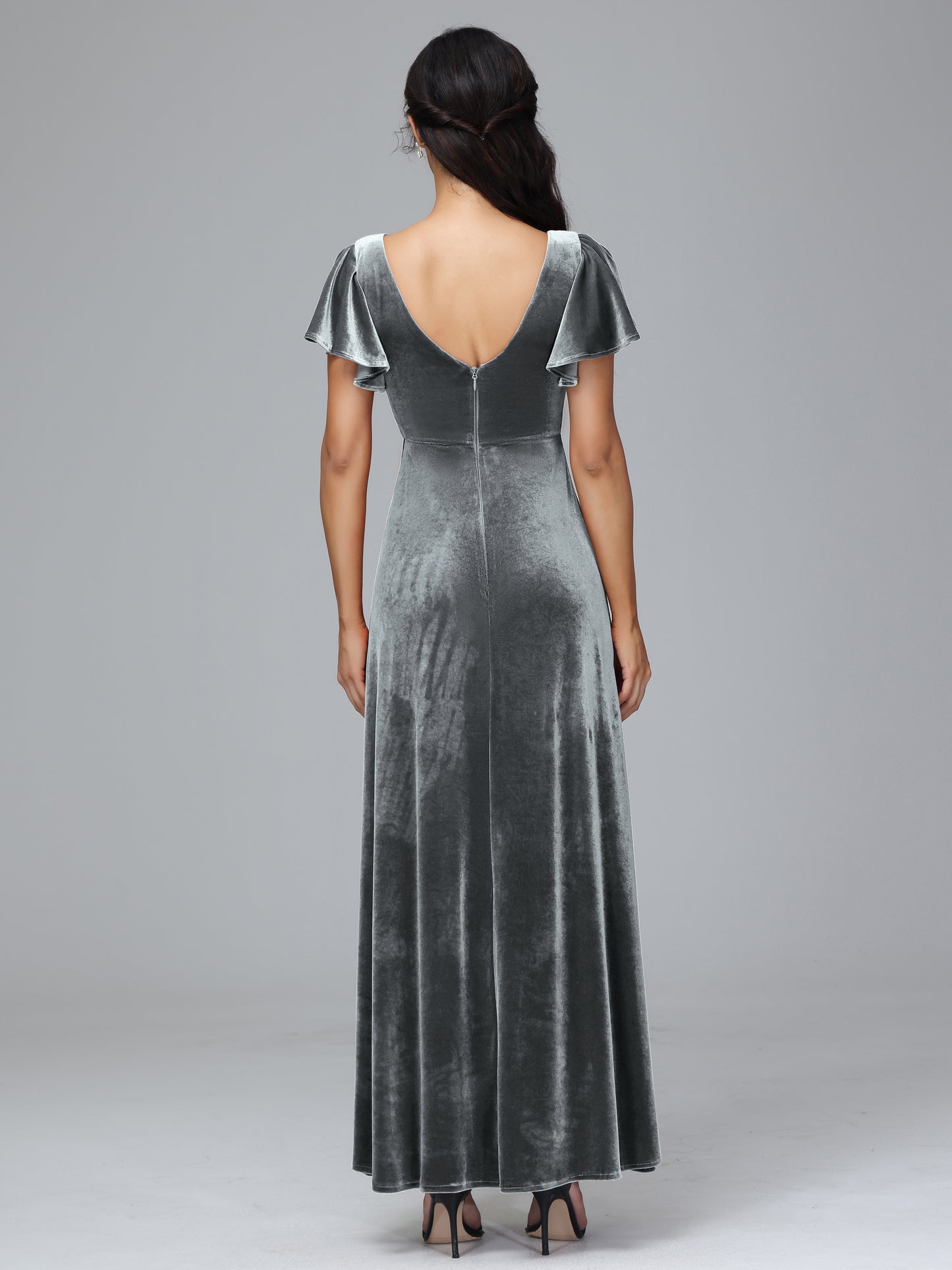 Short Sleeves Velvet Bridesmaid Dress With Slit