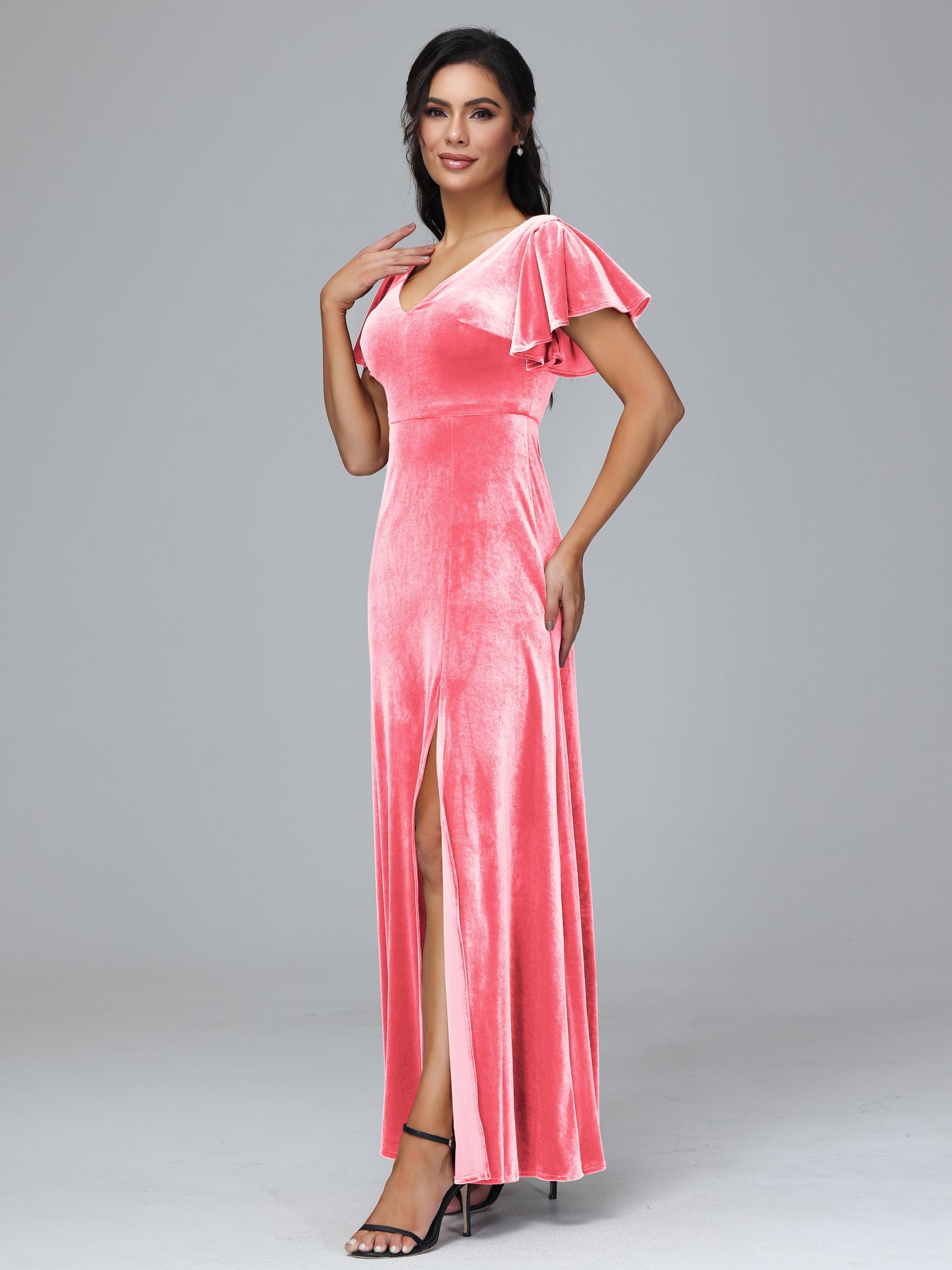 Short Sleeves Velvet Bridesmaid Dress With Slit