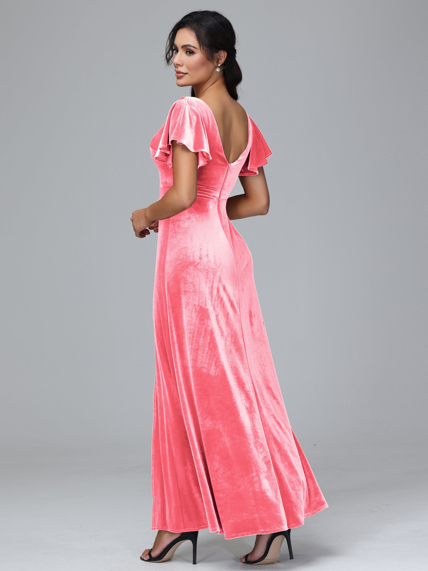 Short Sleeves Velvet Bridesmaid Dress With Slit