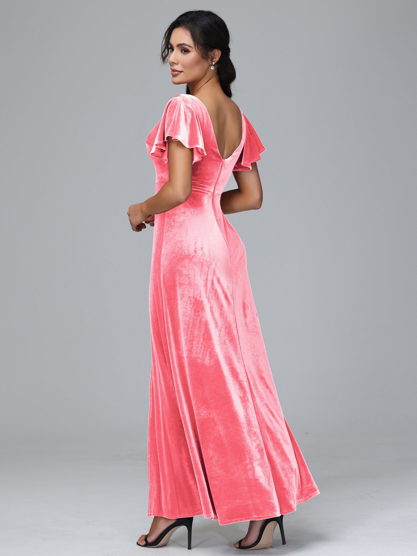 Short Sleeves Plus Size Velvet Bridesmaid Dress With Slit
