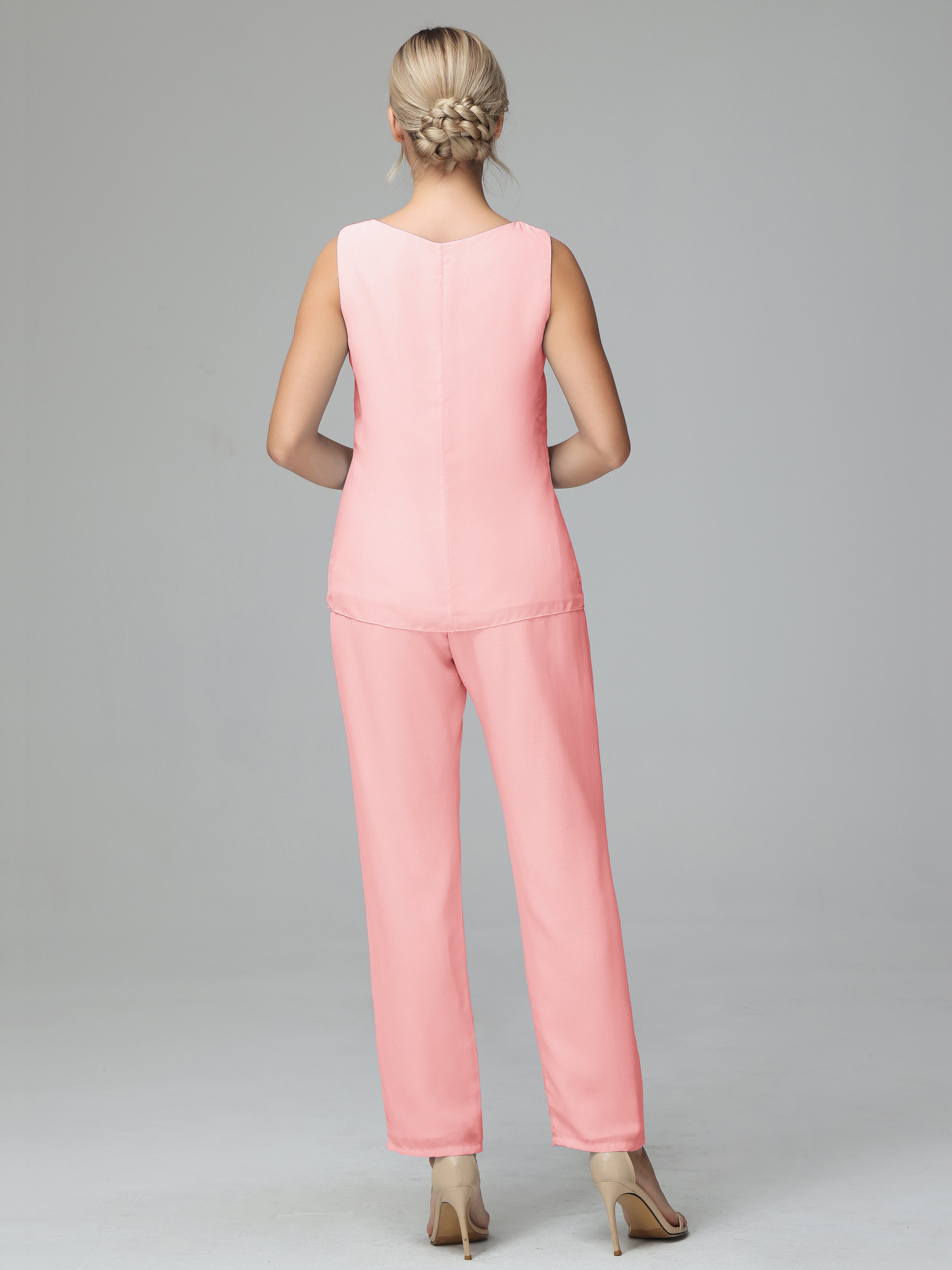 Simple 3 Pieces Chiffon Mother Of The Bride Dress Pants Suits