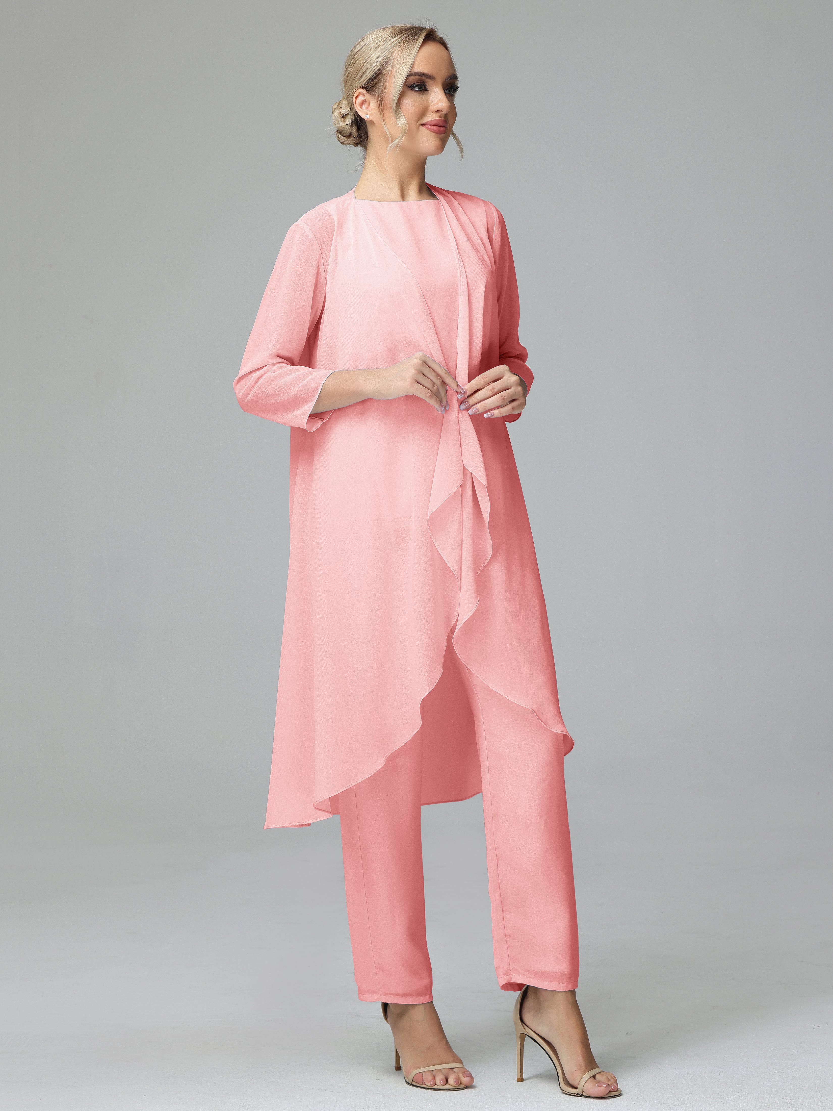 Simple 3 Pieces Chiffon Mother Of The Bride Dress Pants Suits