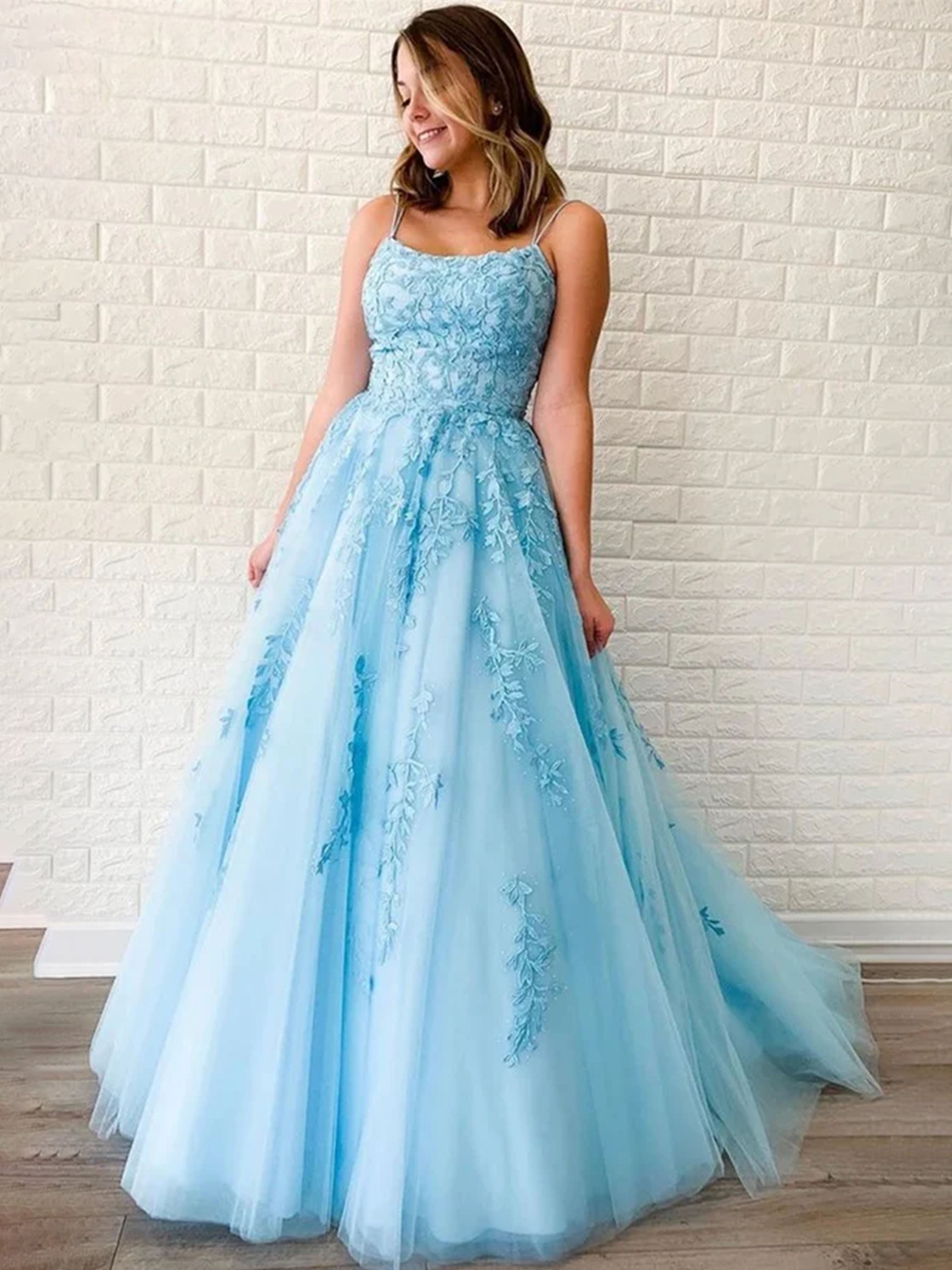 Sky Blue Prom Dresses Elegant Spaghetti Straps A-line Lace Appliques Tulle Prom Dress Sky Blue Prom Dresses Elegant Spaghetti Straps A-line Lace Appliques Tulle Prom Dress