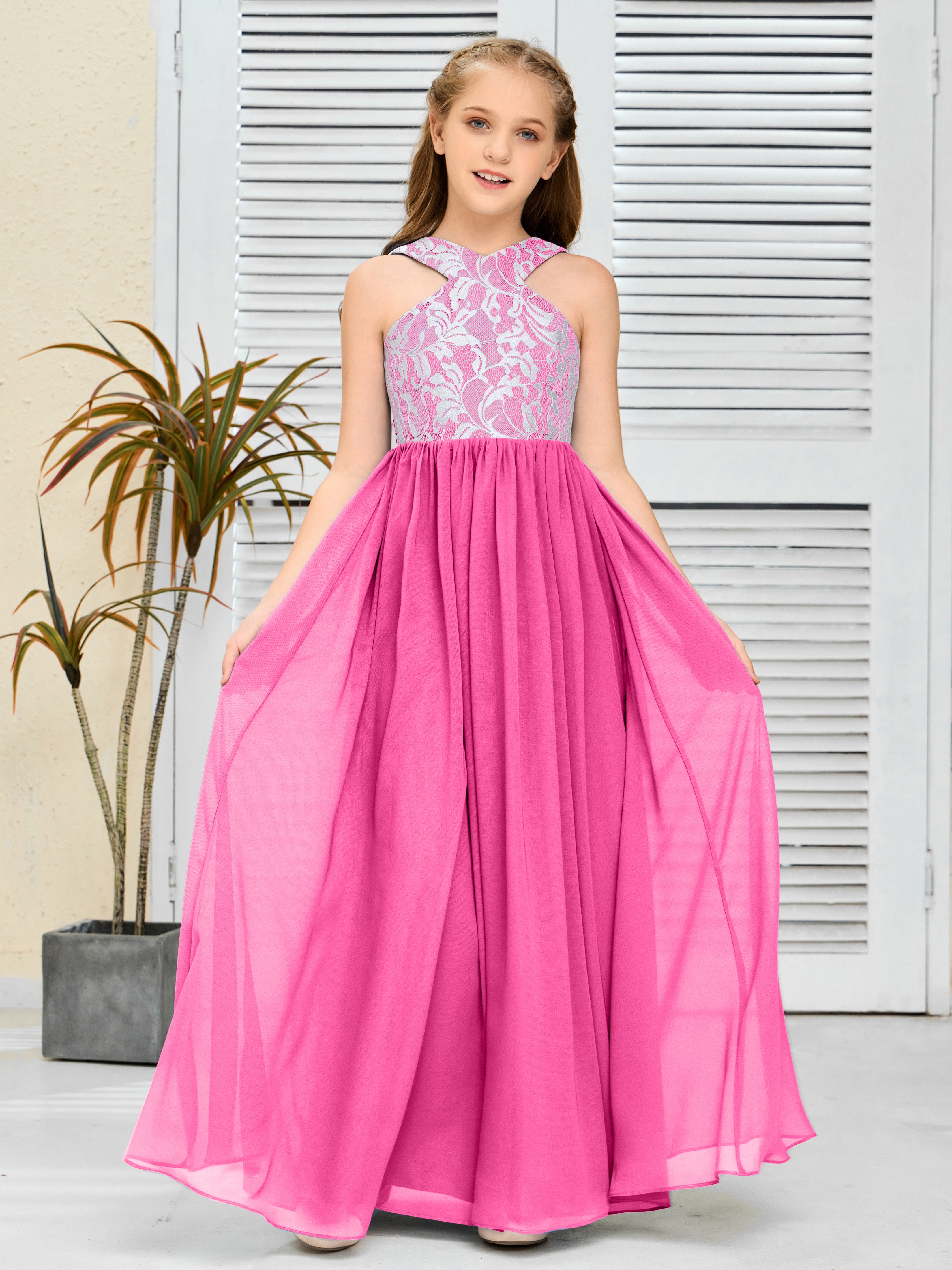 Sleeveless A Line Chiffon Lace Junior Bridesmaid Dress, Azalea Sleeveless A Line Chiffon Lace Junior Bridesmaid Dress, Azalea