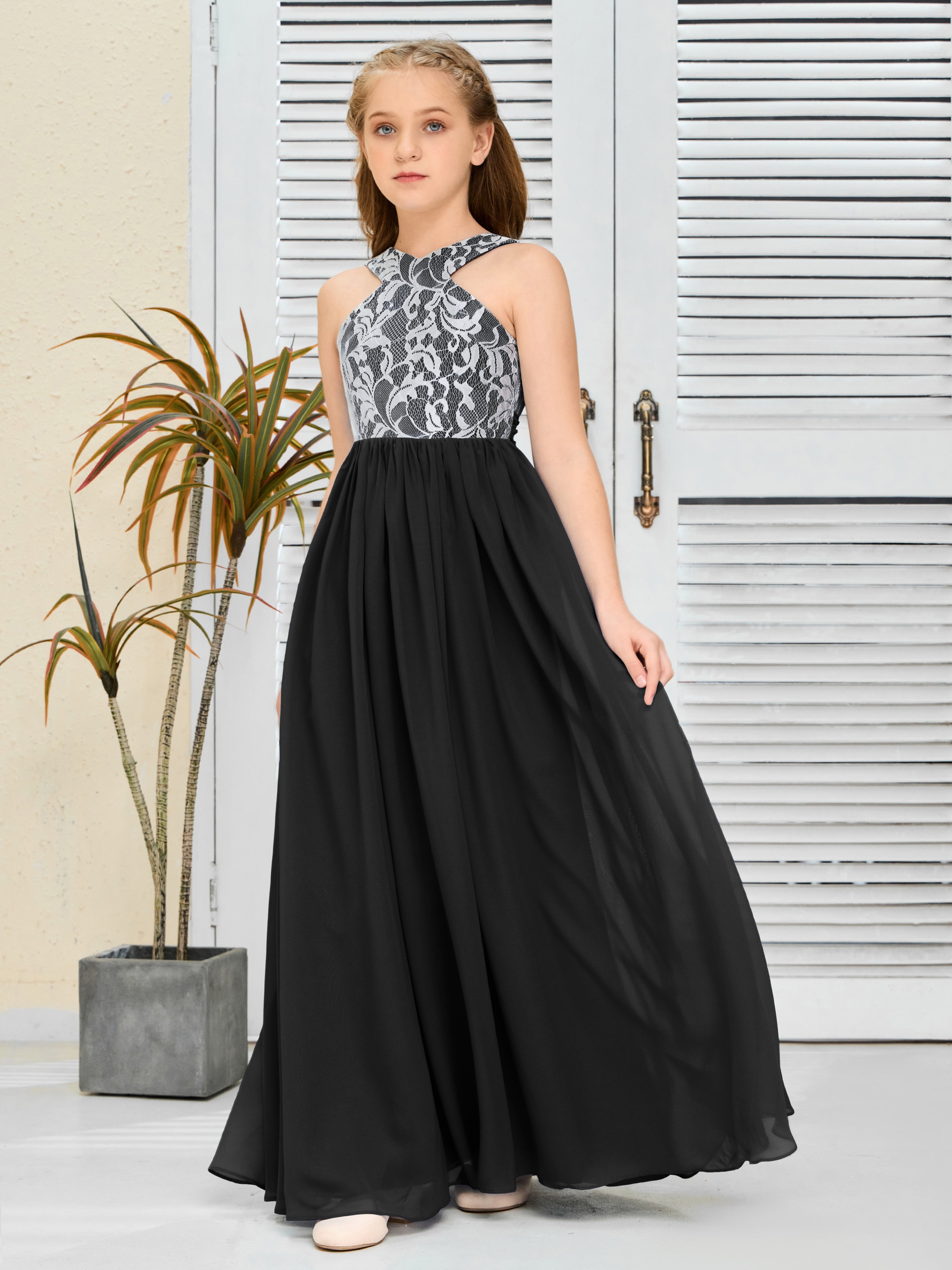 Sleeveless A Line Chiffon Lace Junior Bridesmaid Dress
