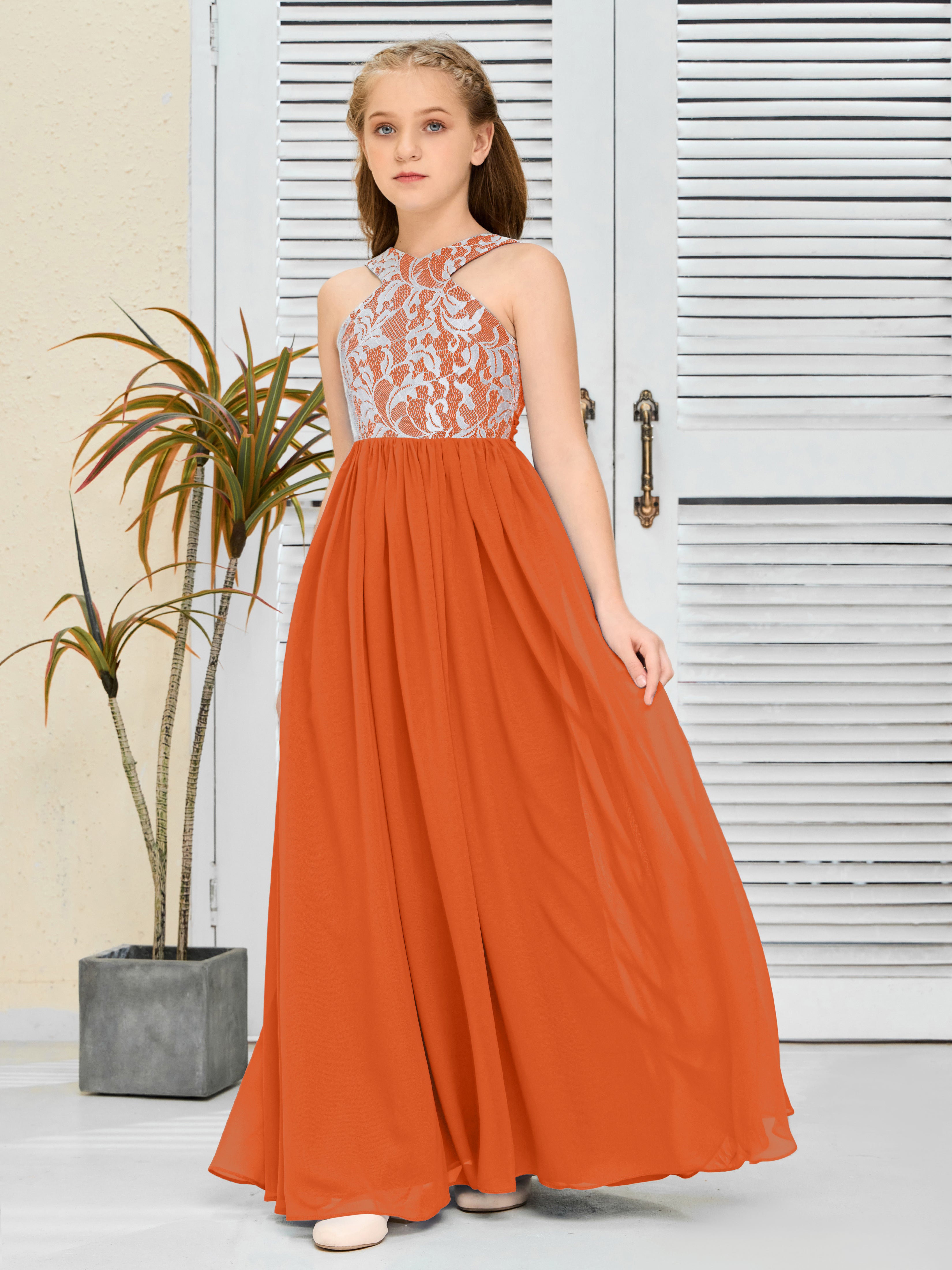 Sleeveless A Line Chiffon Lace Junior Bridesmaid Dress