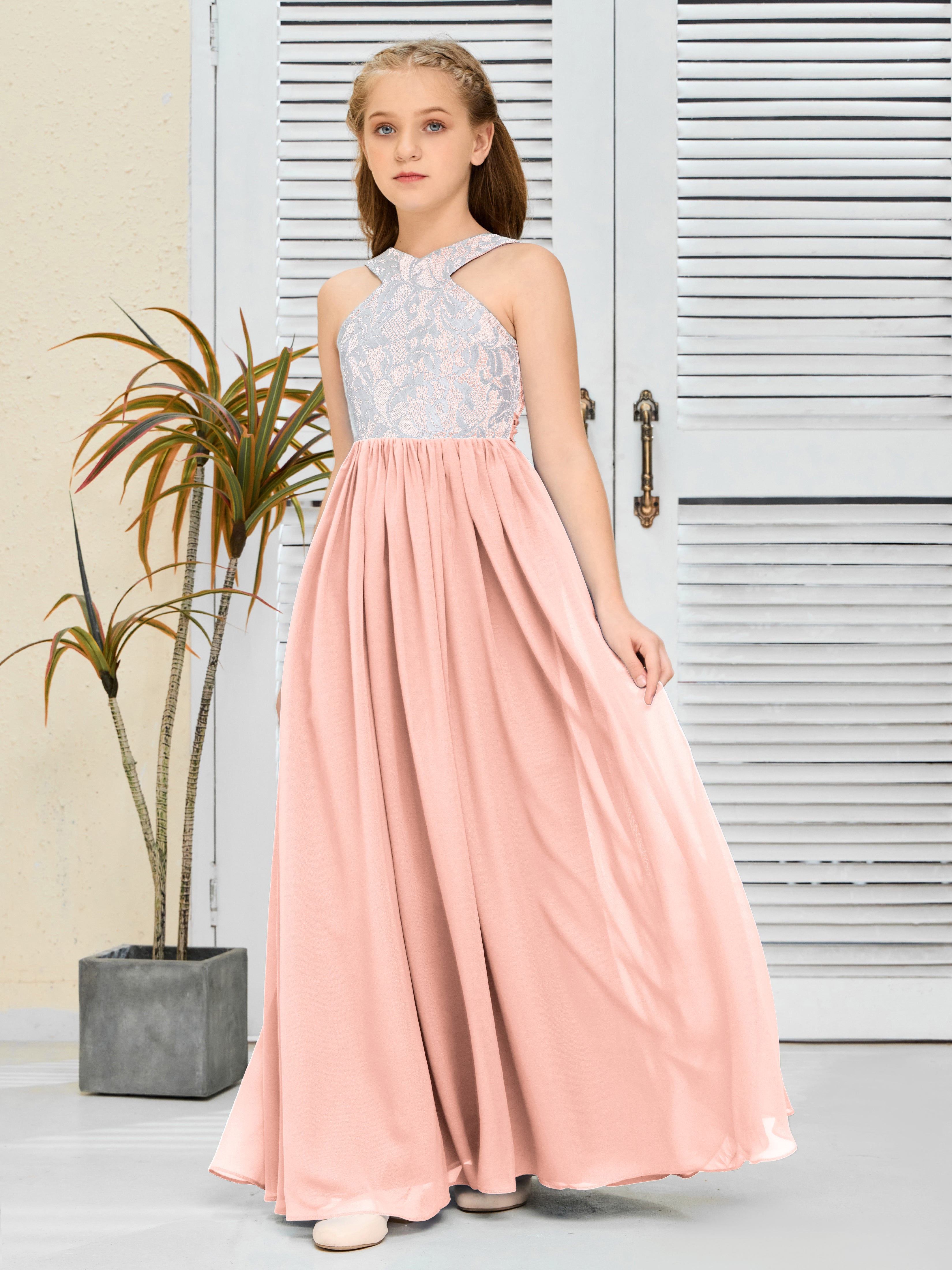 Sleeveless A Line Chiffon Lace Junior Bridesmaid Dress
