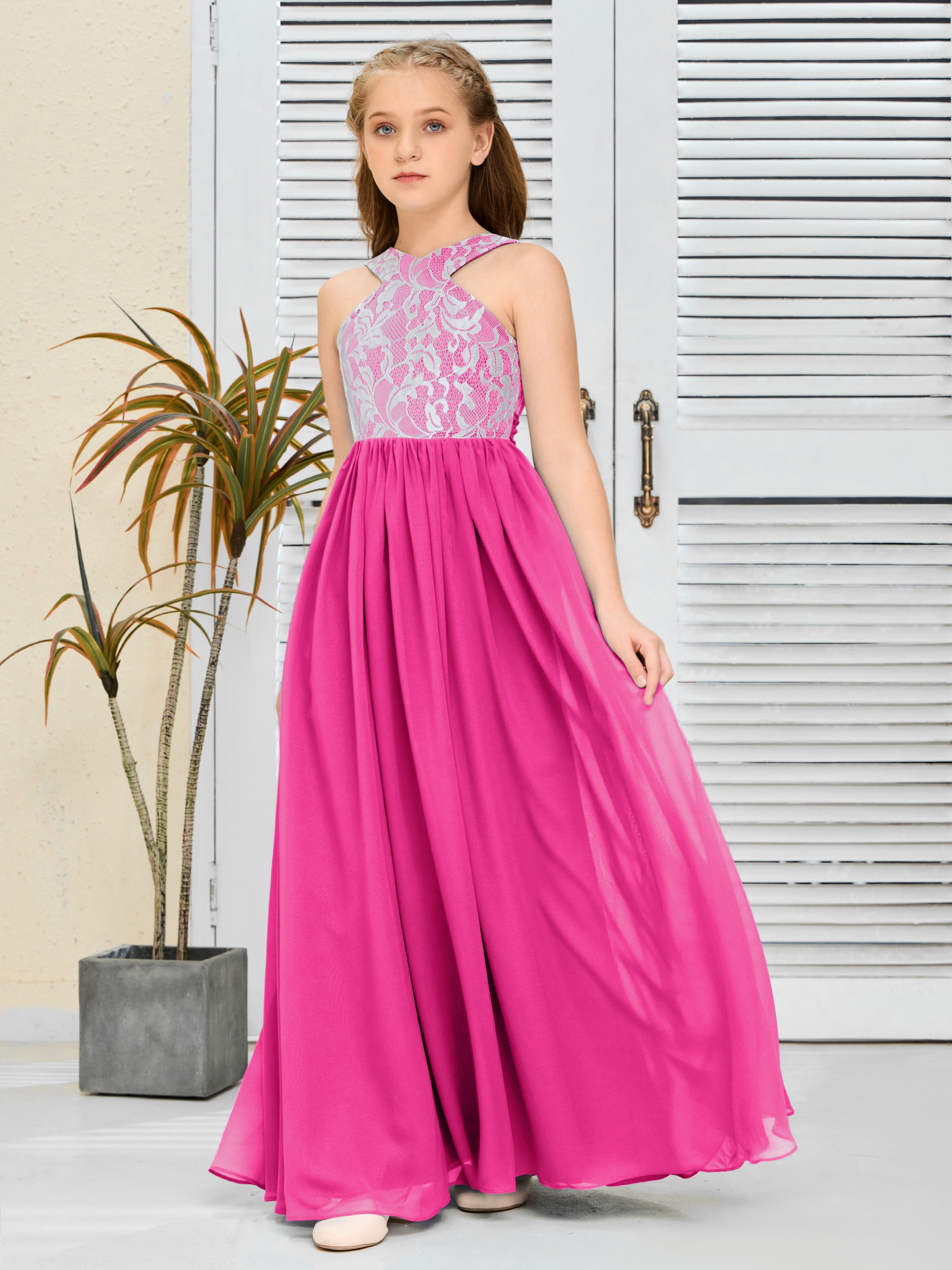 Sleeveless A Line Chiffon Lace Junior Bridesmaid Dress