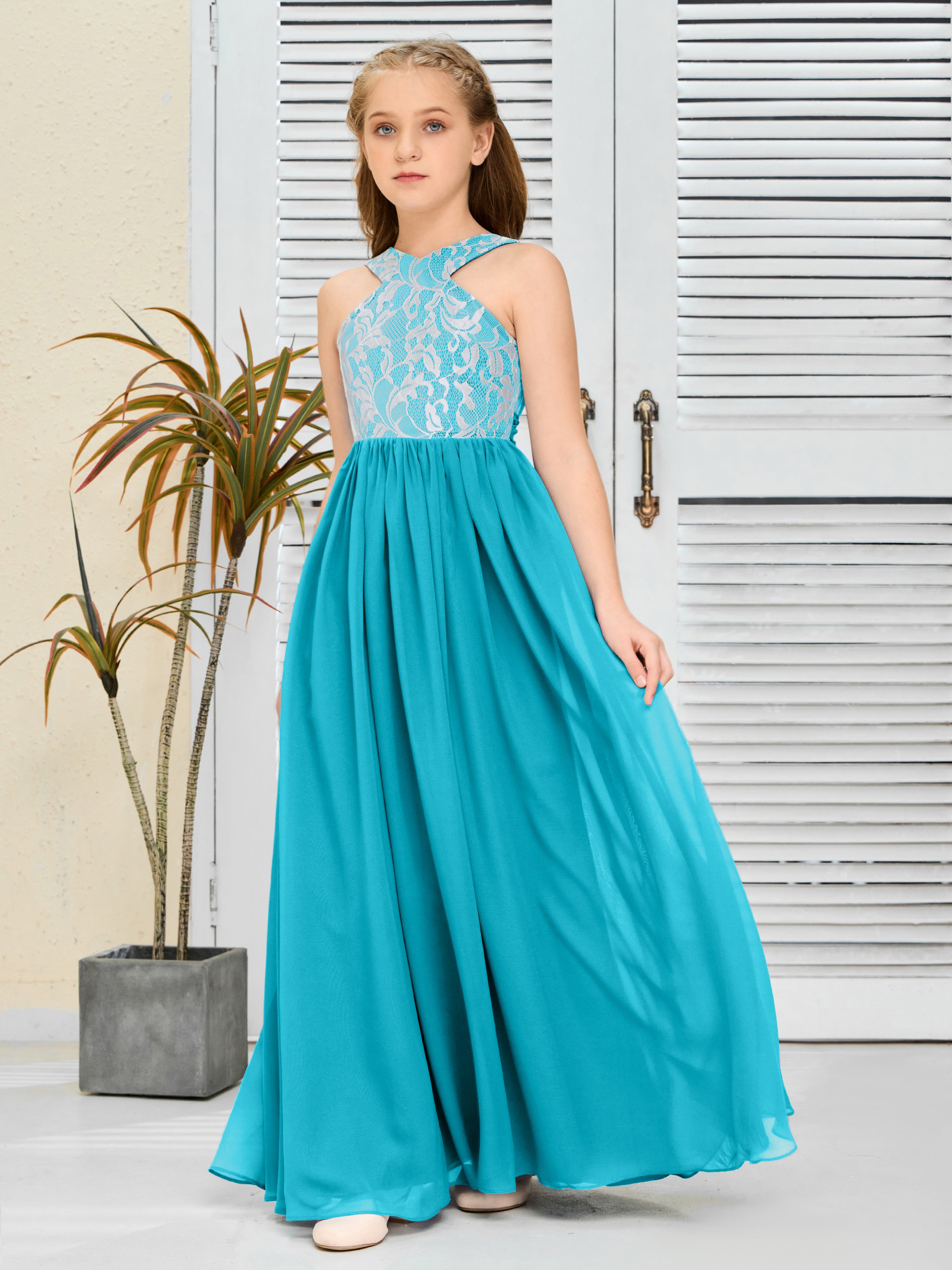 Sleeveless A Line Chiffon Lace Junior Bridesmaid Dress