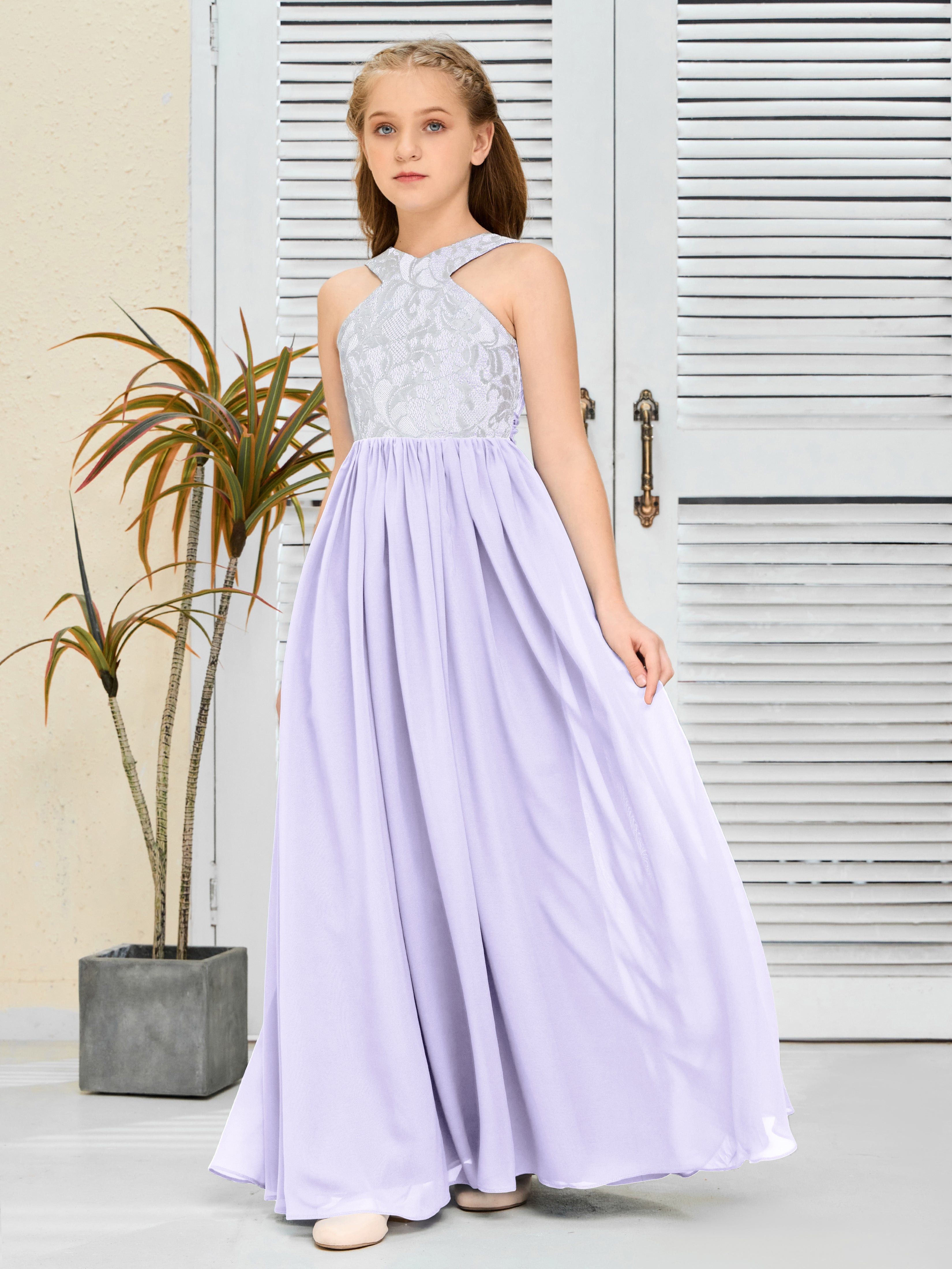 Sleeveless A Line Chiffon Lace Junior Bridesmaid Dress