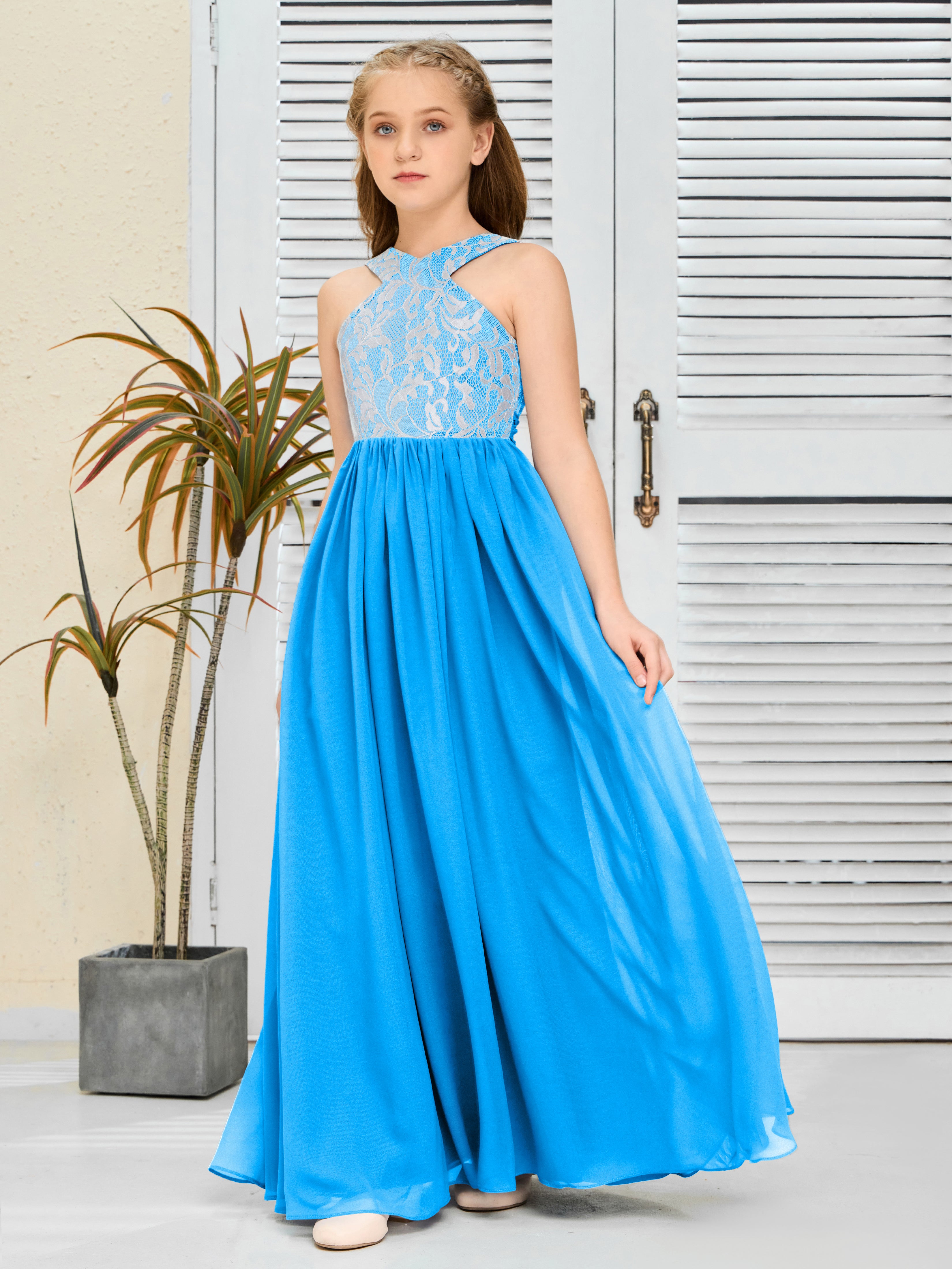 Sleeveless A Line Chiffon Lace Junior Bridesmaid Dress