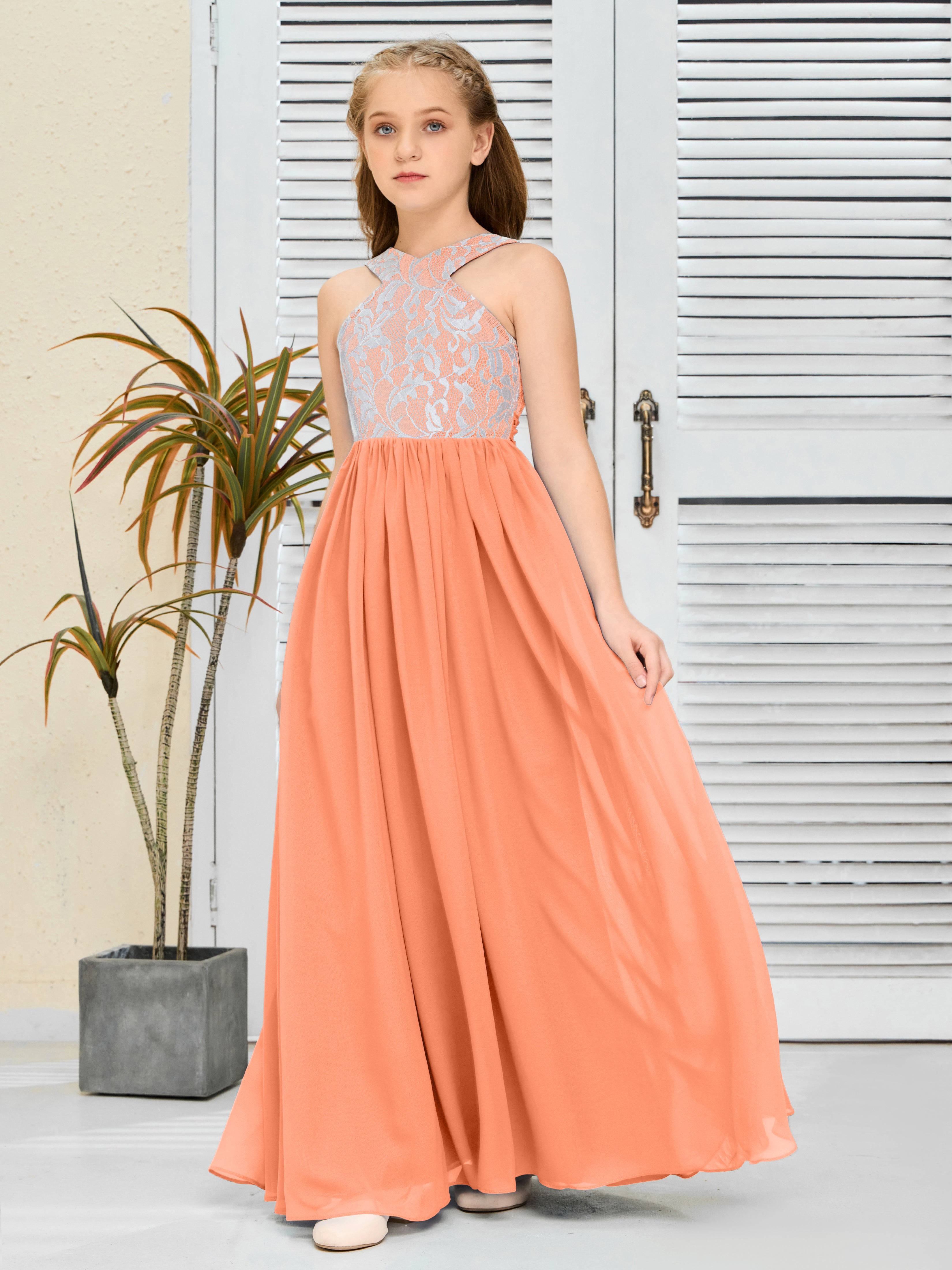 Sleeveless A Line Chiffon Lace Junior Bridesmaid Dress