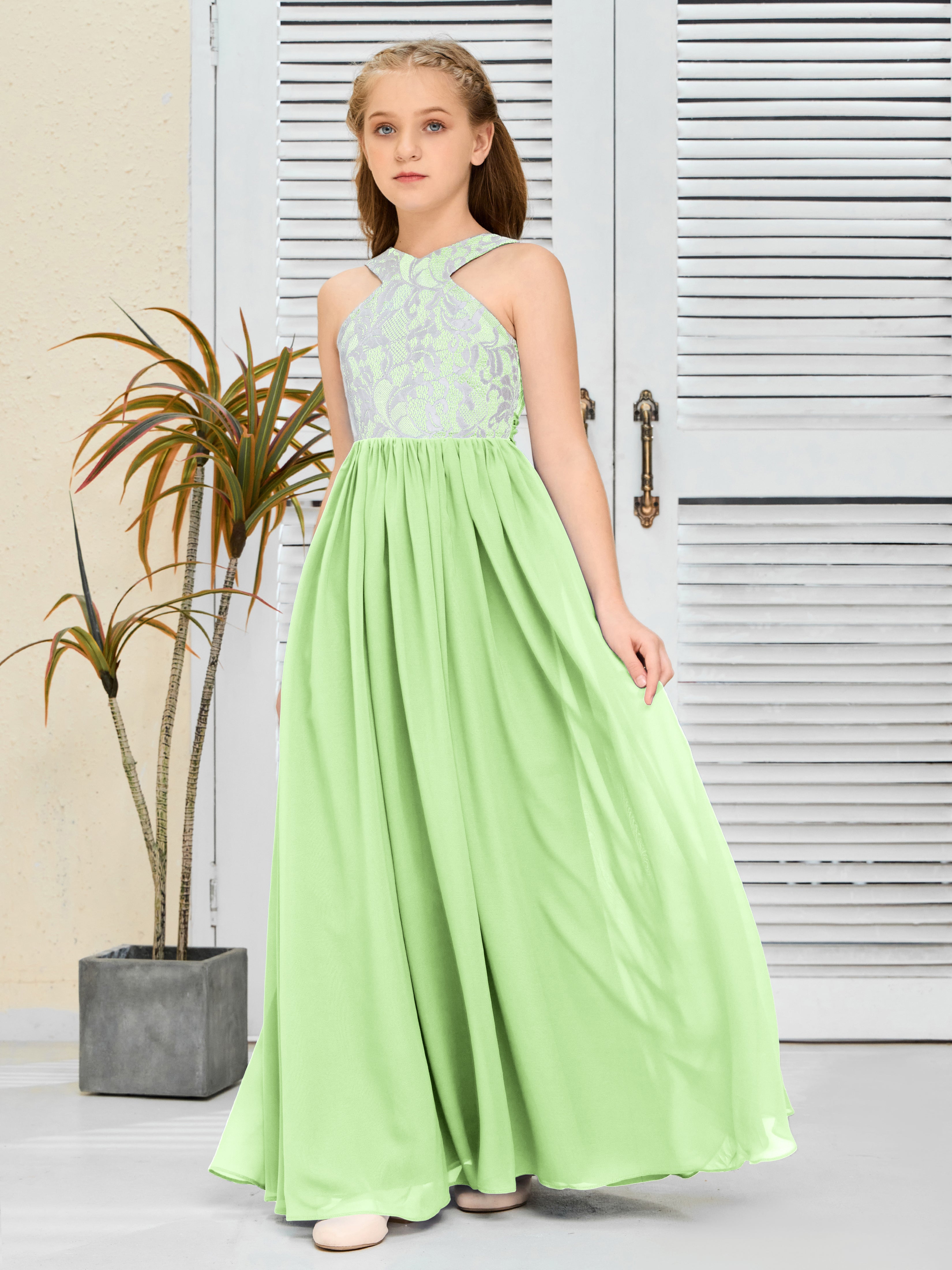 Sleeveless A Line Chiffon Lace Junior Bridesmaid Dress