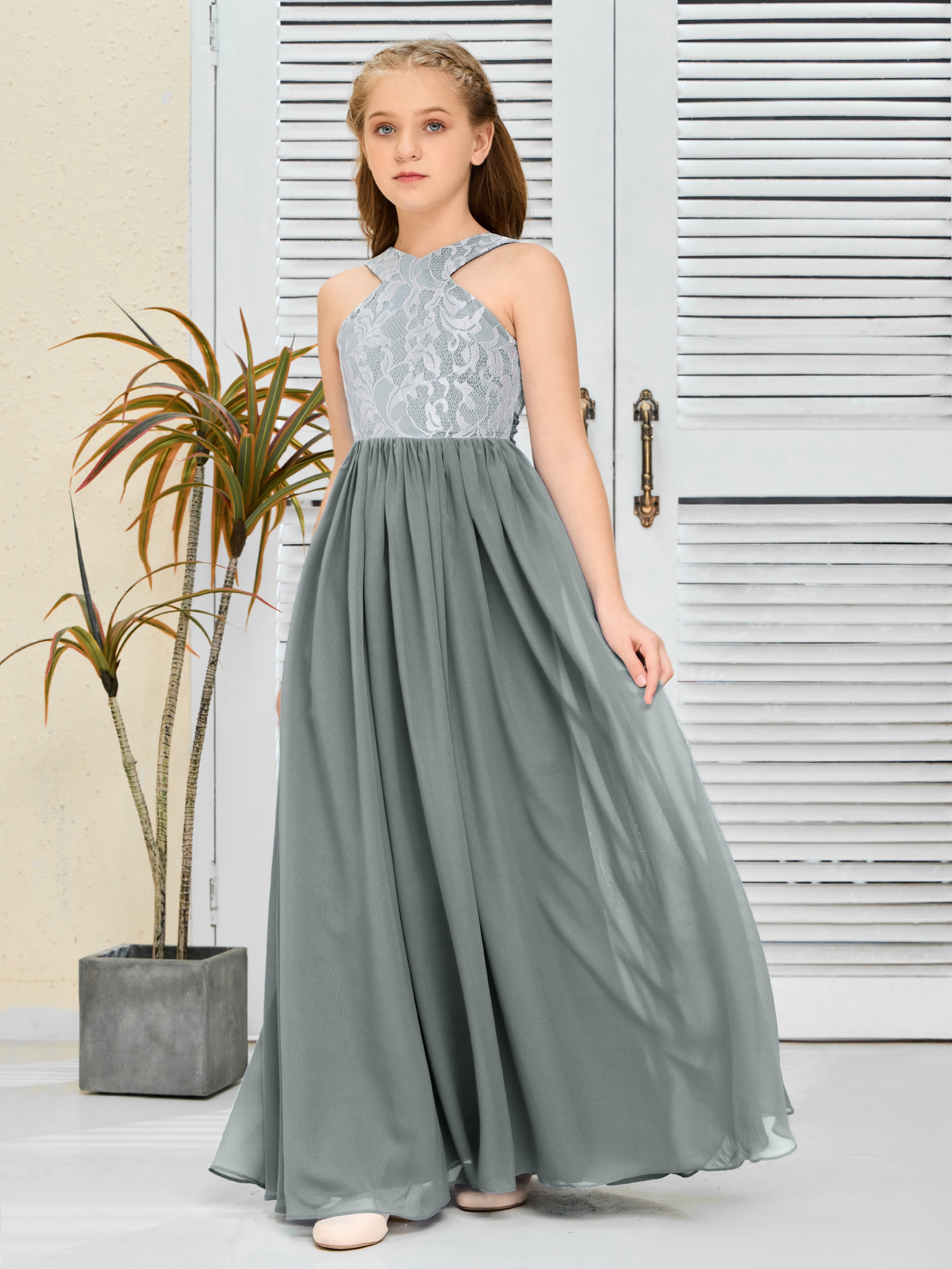 Sleeveless A Line Chiffon Lace Junior Bridesmaid Dress