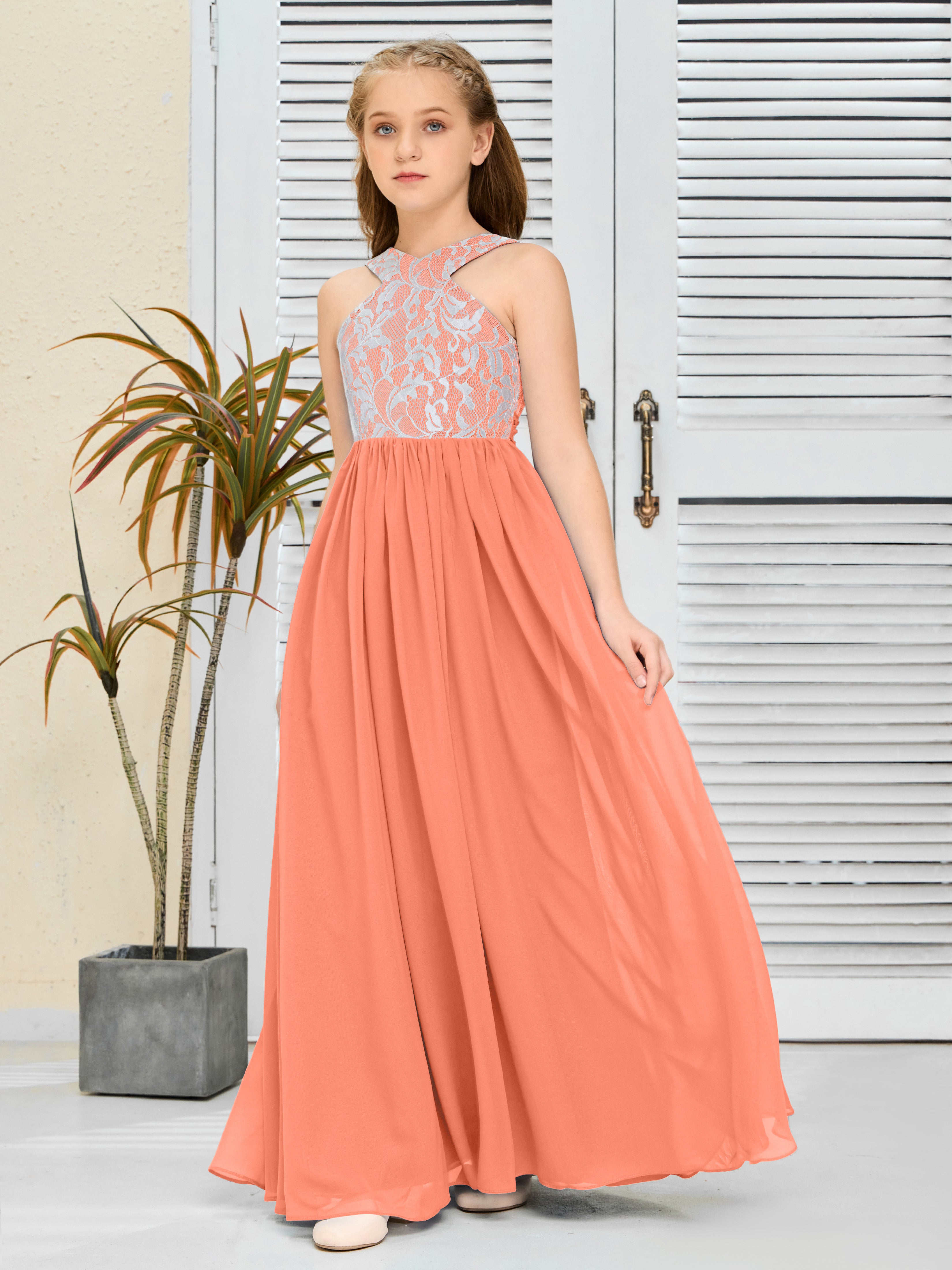 Sleeveless A Line Chiffon Lace Junior Bridesmaid Dress