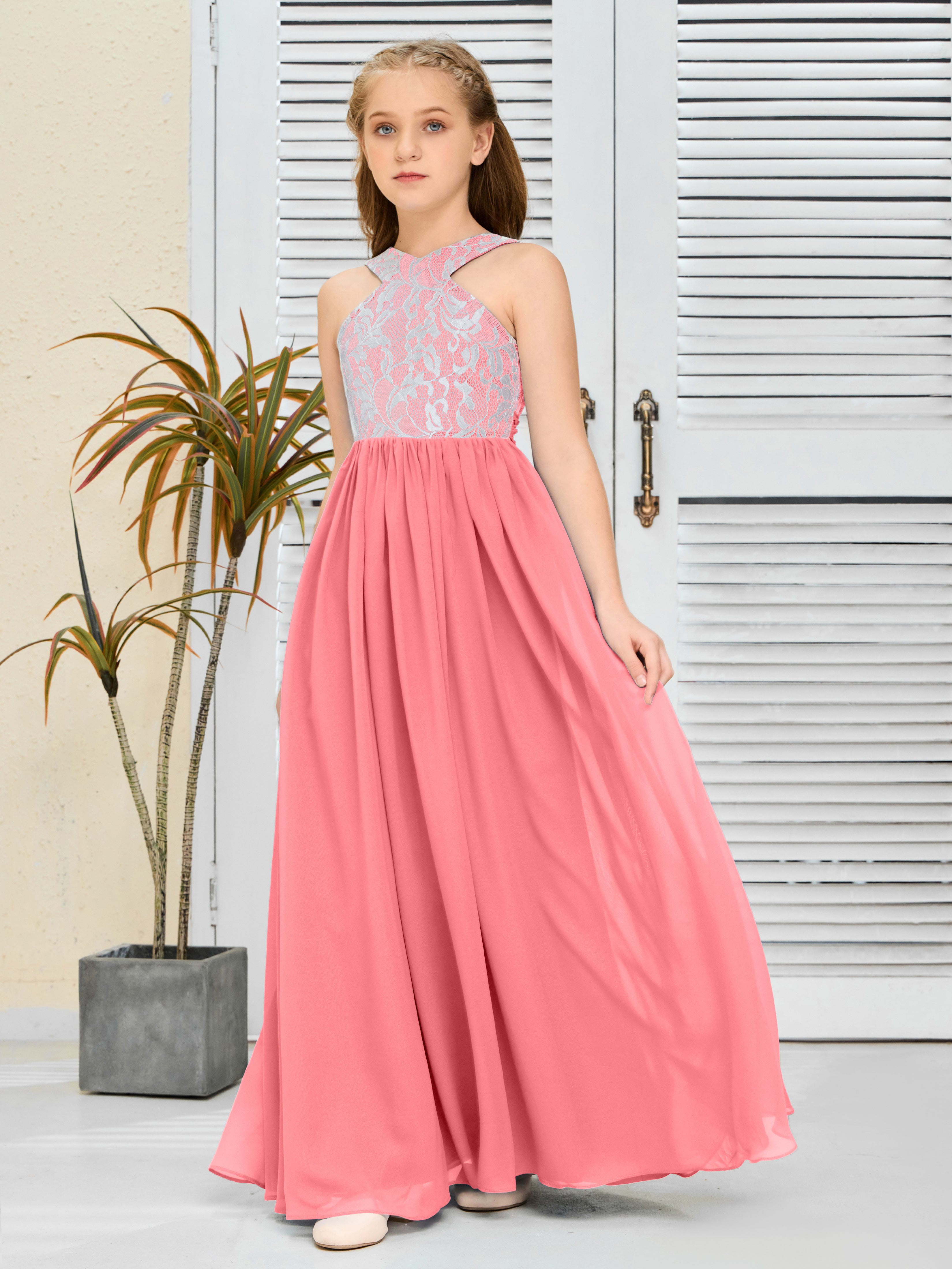 Sleeveless A Line Chiffon Lace Junior Bridesmaid Dress