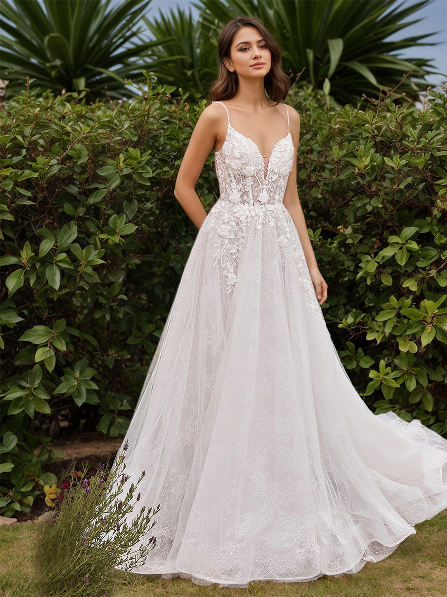 Spaghetti Straps Backless Lace Tulle A-line Long Wedding Dress