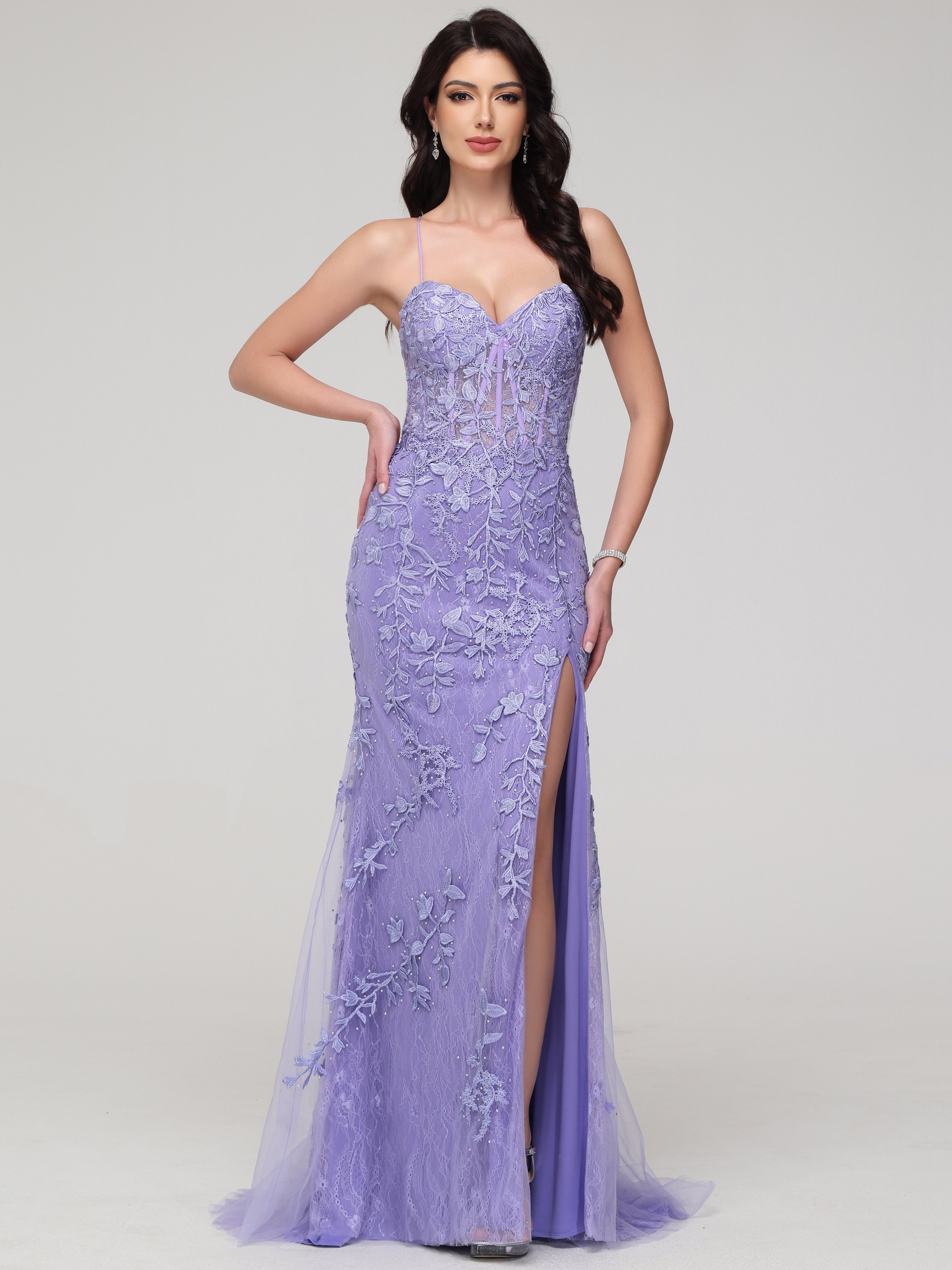 s prom dresses Spaghetti Straps Sweetheart Lace Appliques Mermaid Prom Dresses with Slit