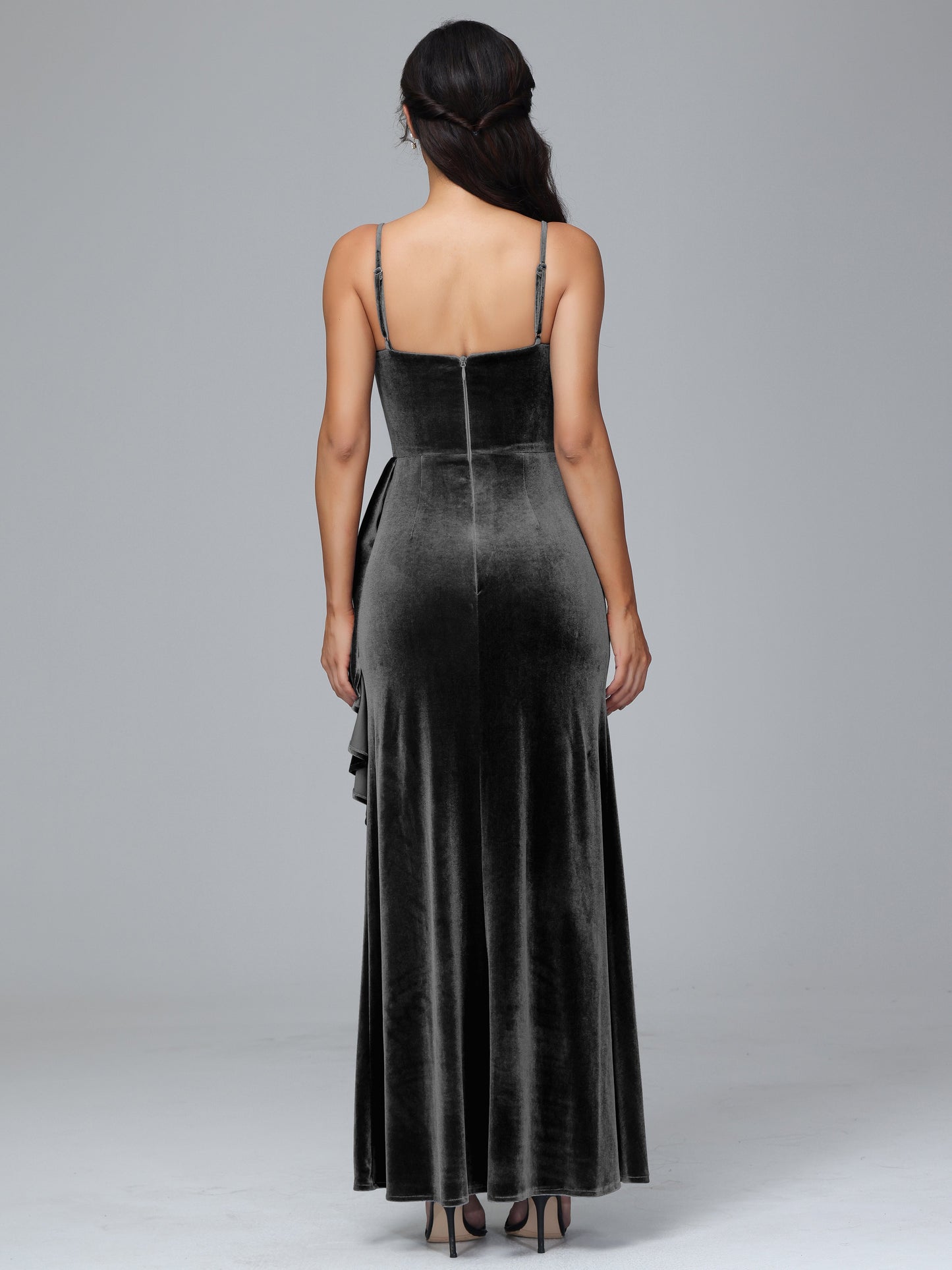Spaghetti Straps V Neck Plus Size Velvet Bridesmaid Dress With Slit
