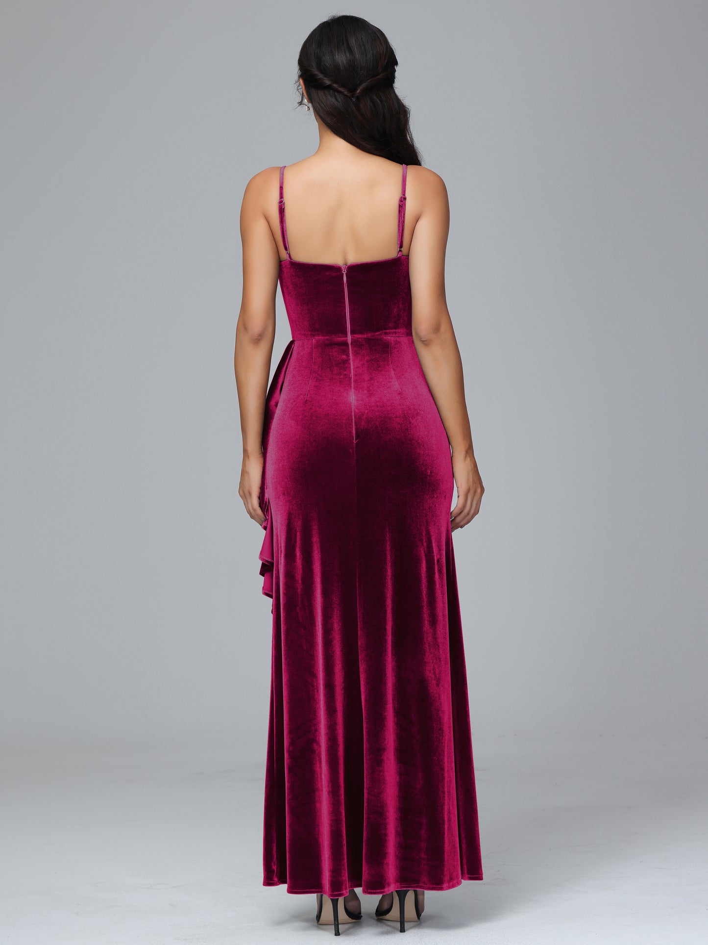 Spaghetti Straps V Neck Velvet Bridesmaid Dress With Slit