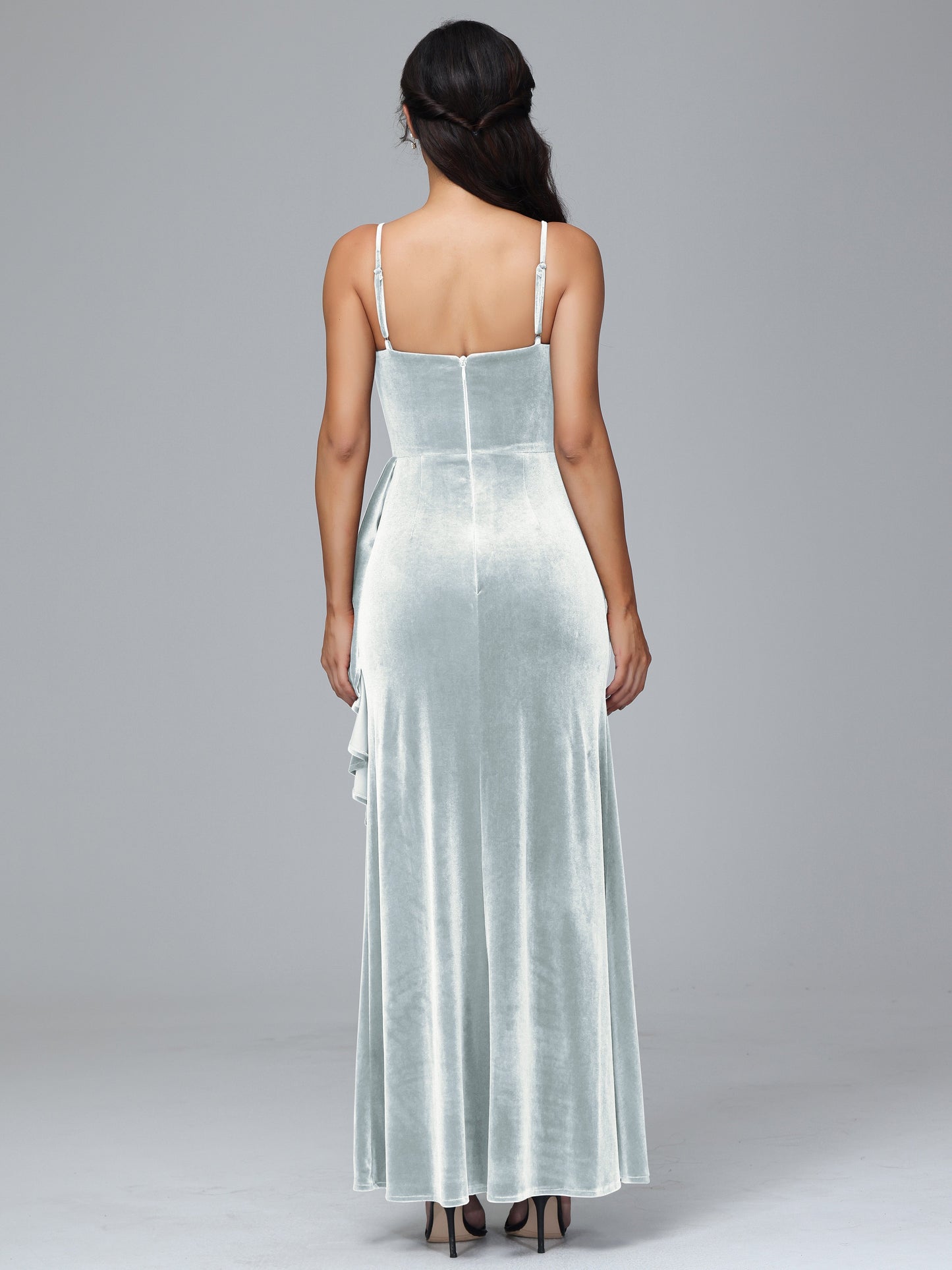 Spaghetti Straps V Neck Plus Size Velvet Bridesmaid Dress With Slit