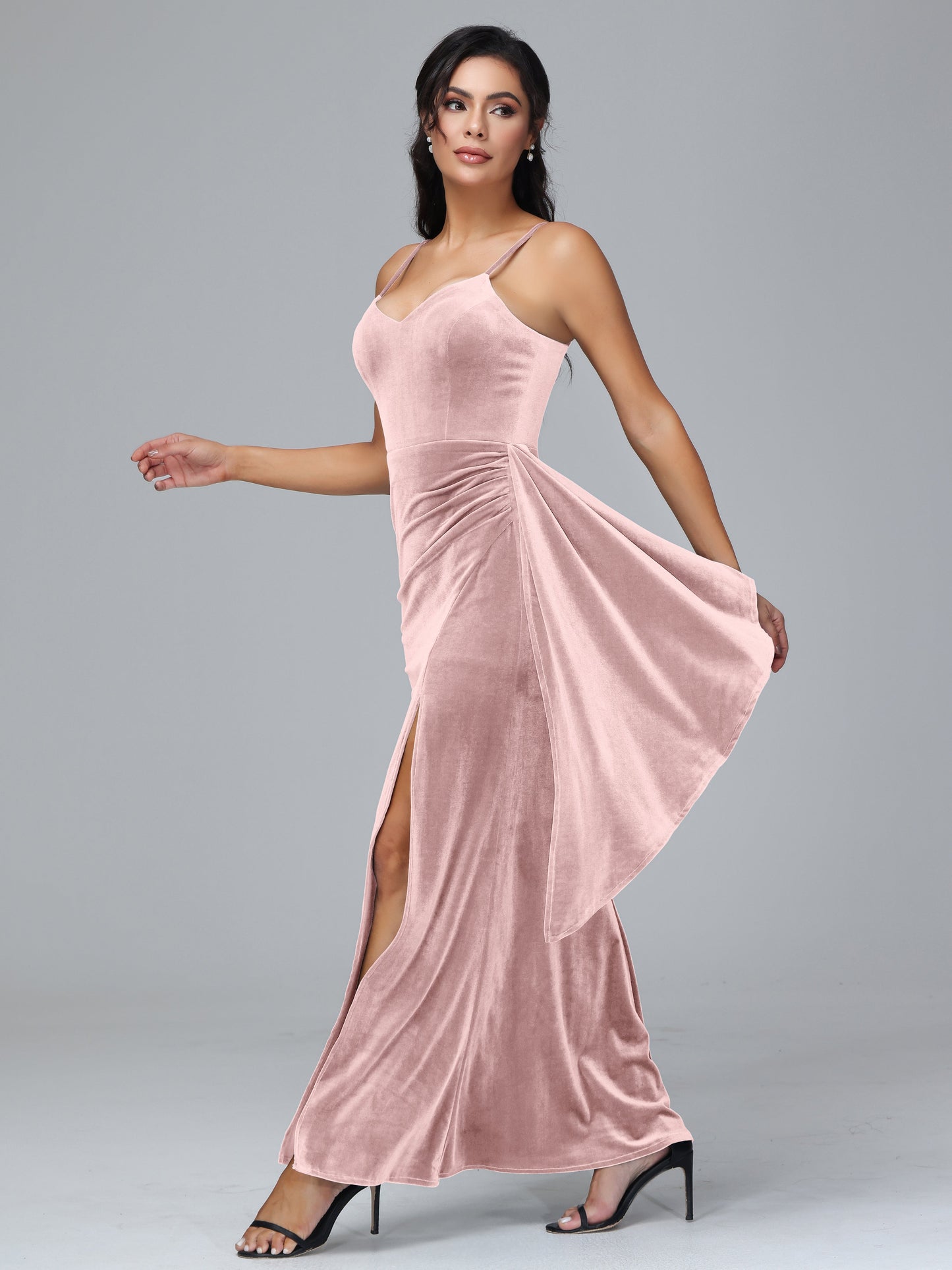 Spaghetti Straps V Neck Plus Size Velvet Bridesmaid Dress With Slit
