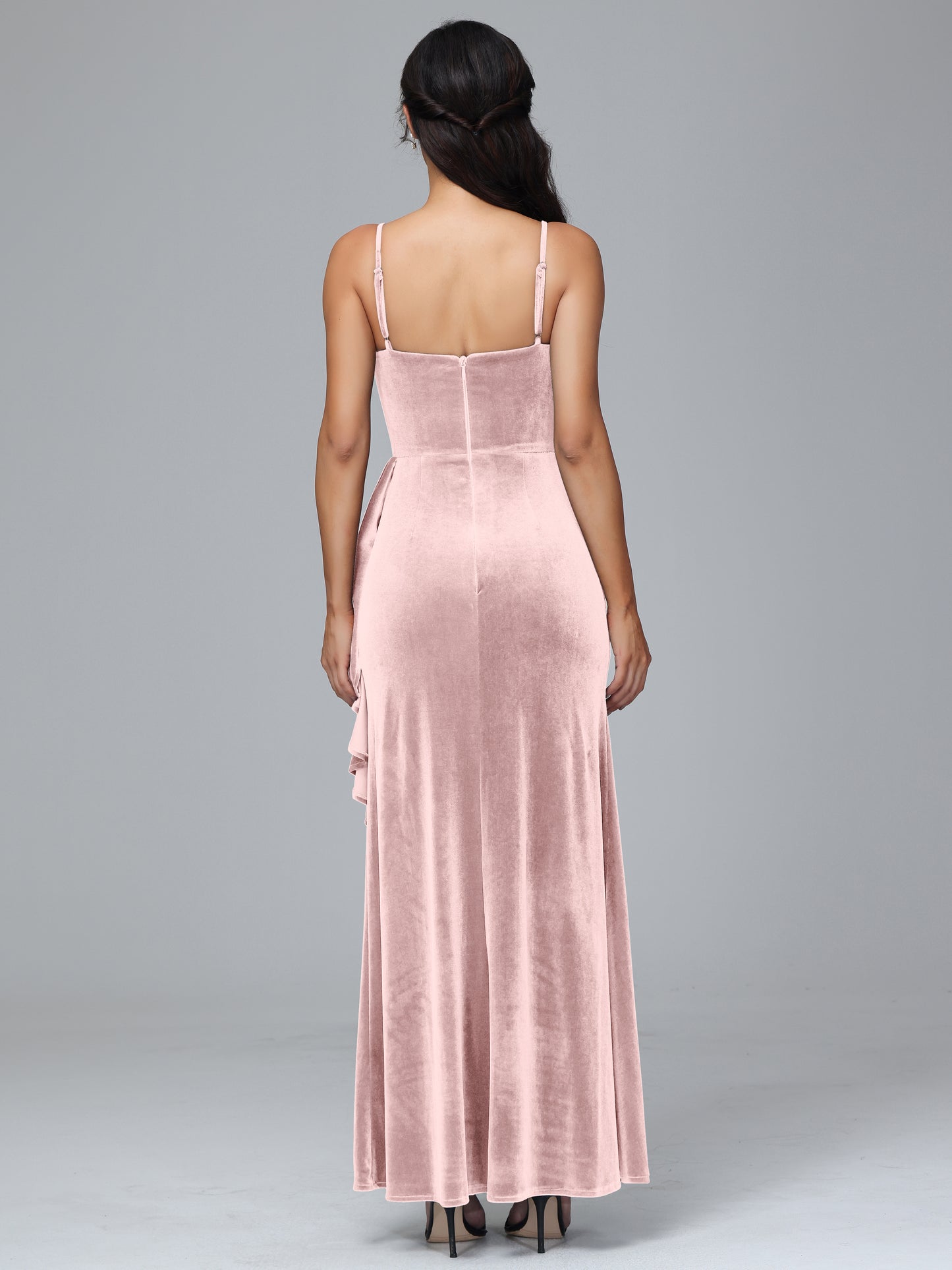 Spaghetti Straps V Neck Velvet Bridesmaid Dress With Slit