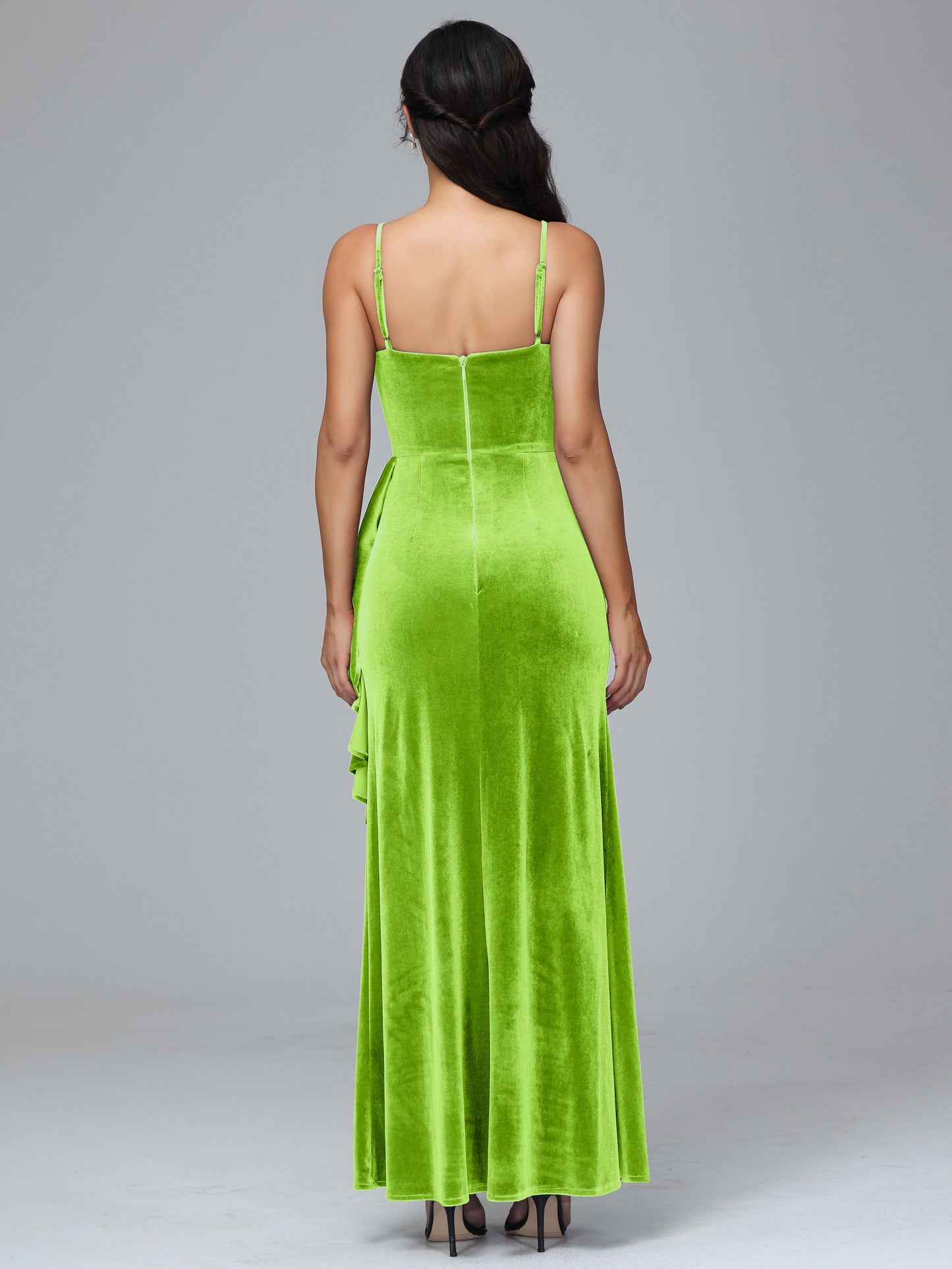 Spaghetti Straps V Neck Plus Size Velvet Bridesmaid Dress With Slit