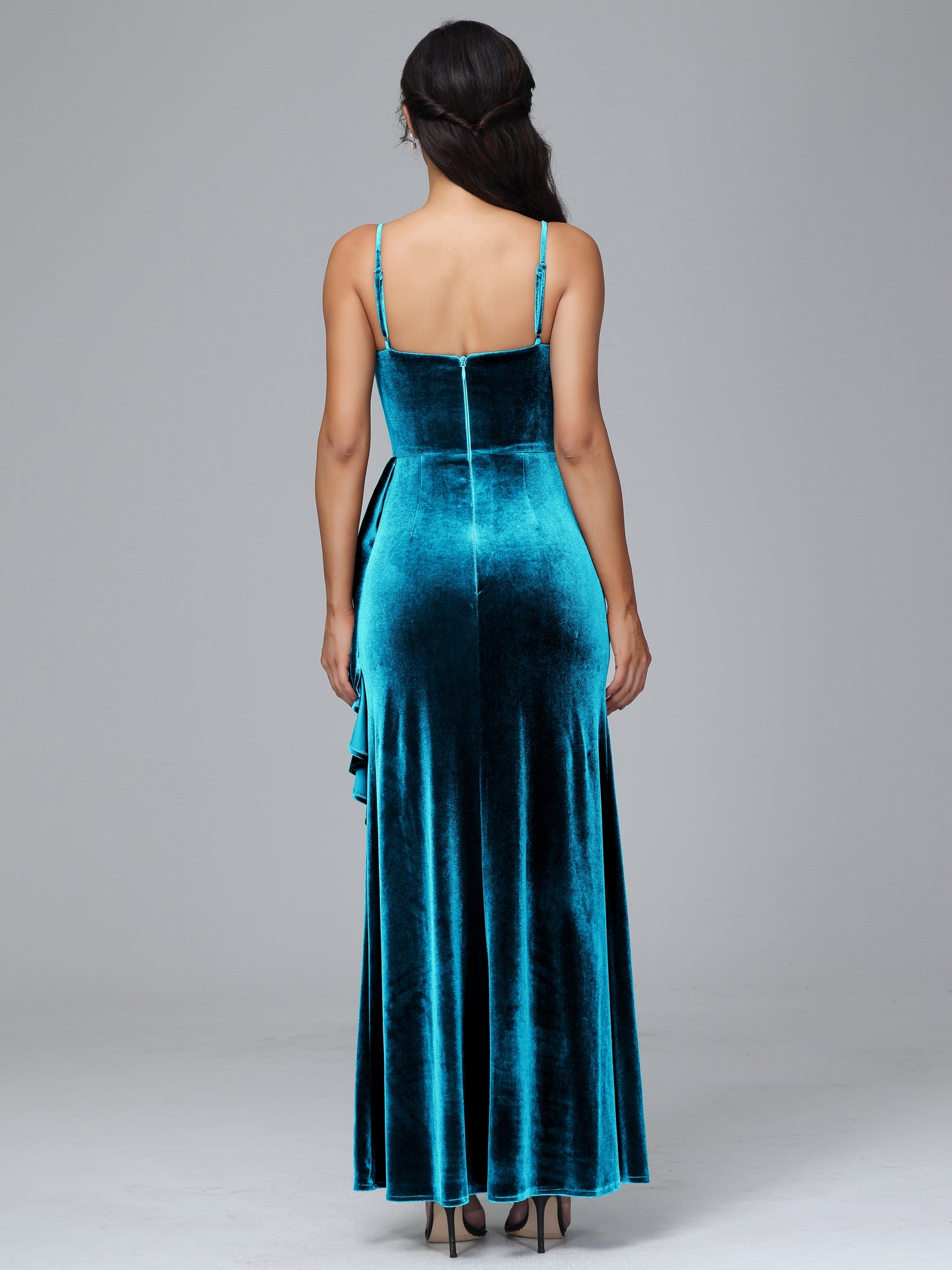 Spaghetti Straps V Neck Plus Size Velvet Bridesmaid Dress With Slit