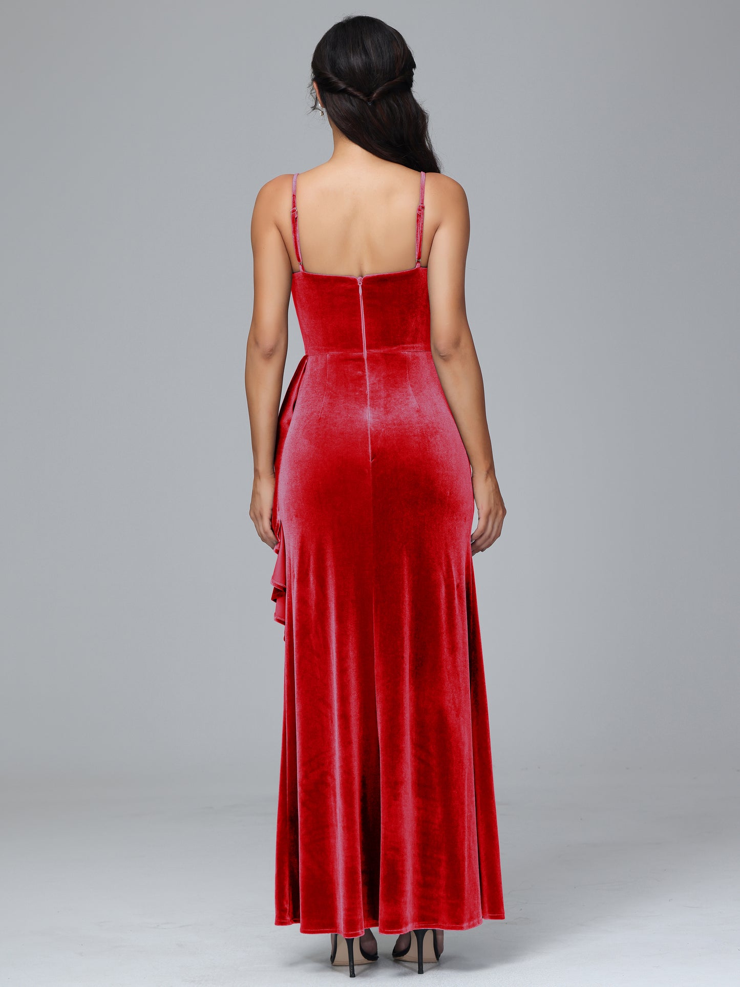 Spaghetti Straps V Neck Velvet Bridesmaid Dress With Slit