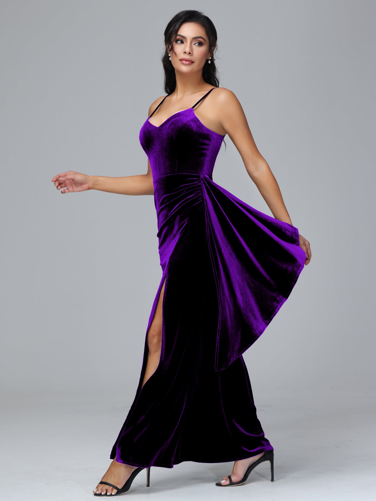 Spaghetti Straps V Neck Velvet Bridesmaid Dress With Slit