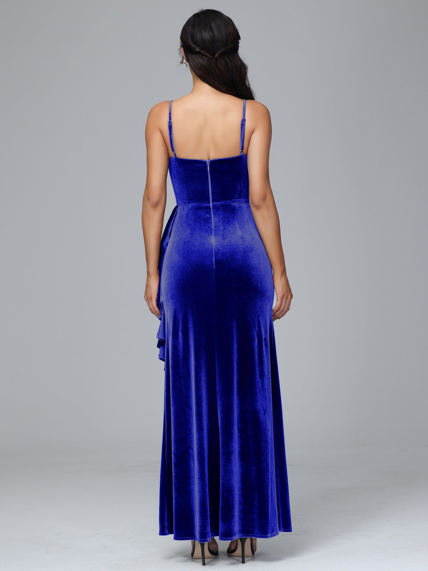 Spaghetti Straps V Neck Plus Size Velvet Bridesmaid Dress With Slit