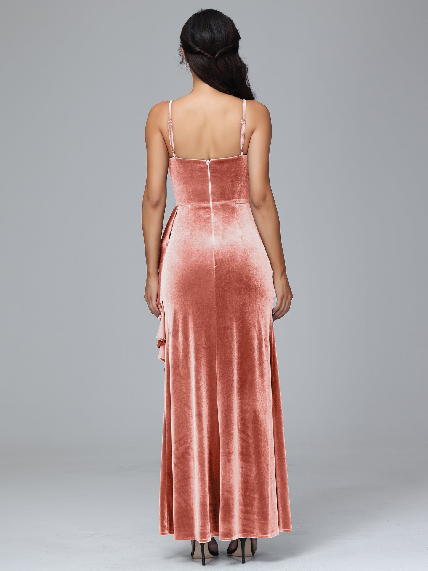 Spaghetti Straps V Neck Velvet Bridesmaid Dress With Slit