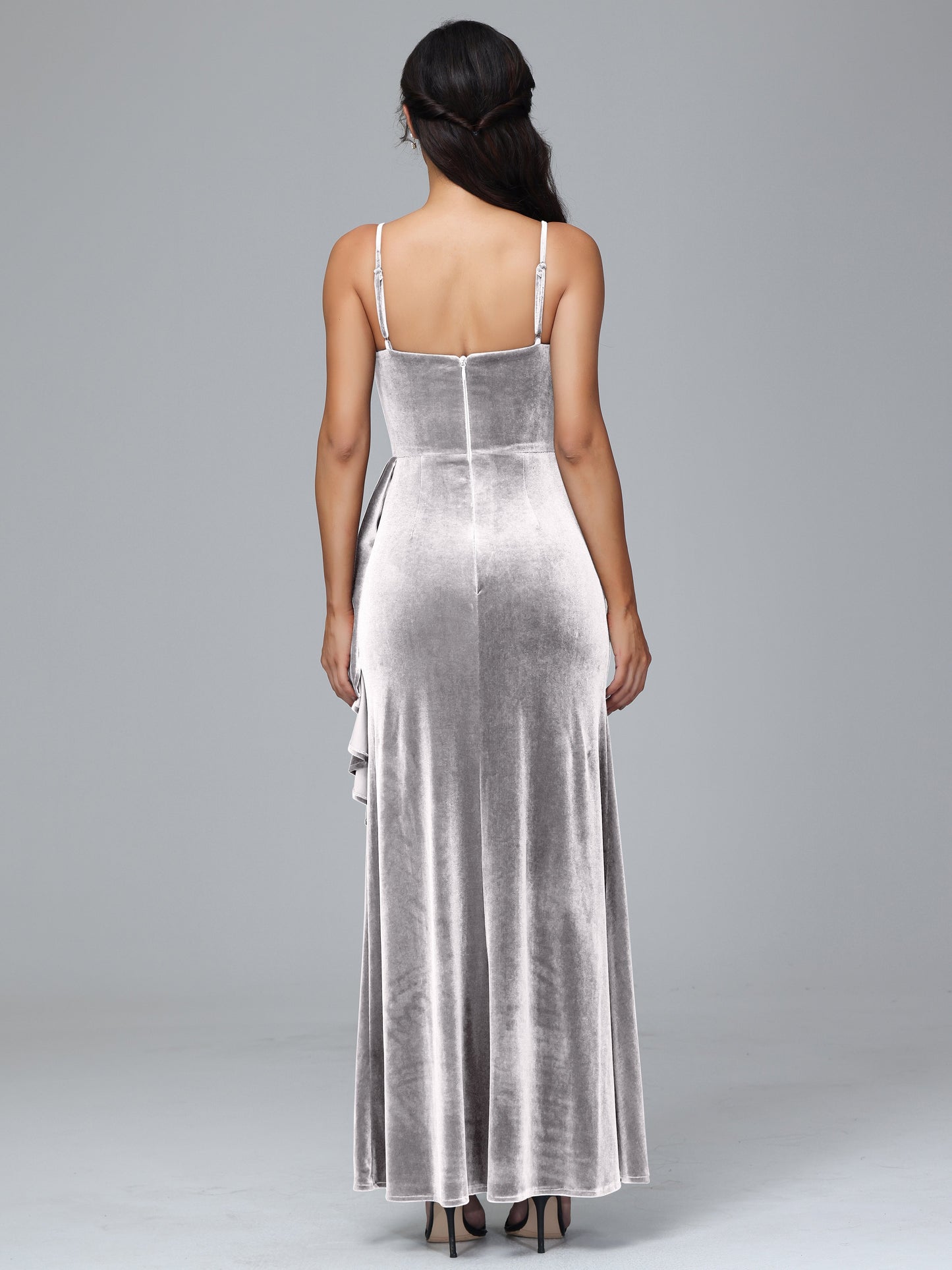 Spaghetti Straps V Neck Plus Size Velvet Bridesmaid Dress With Slit