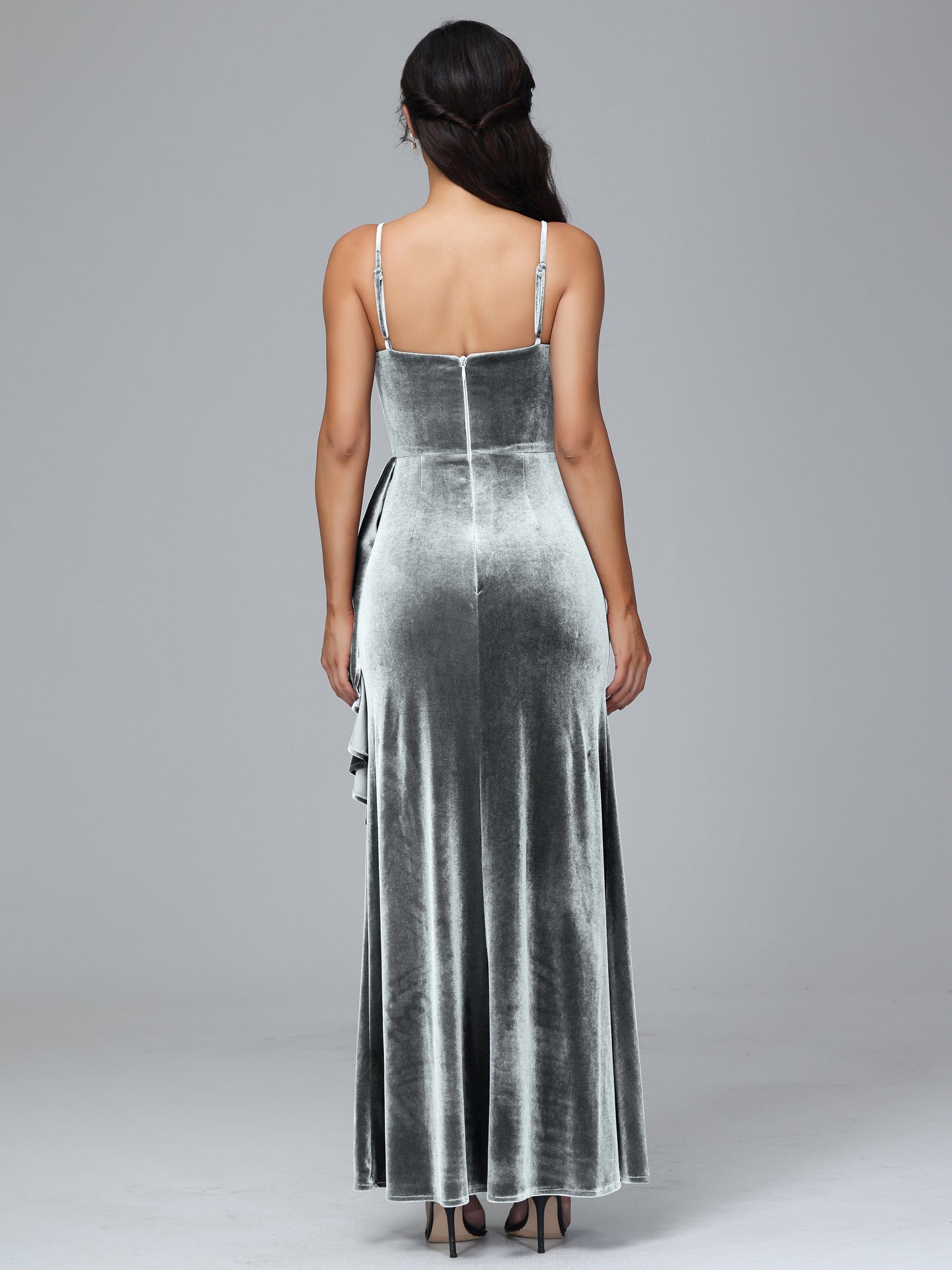 Spaghetti Straps V Neck Plus Size Velvet Bridesmaid Dress With Slit