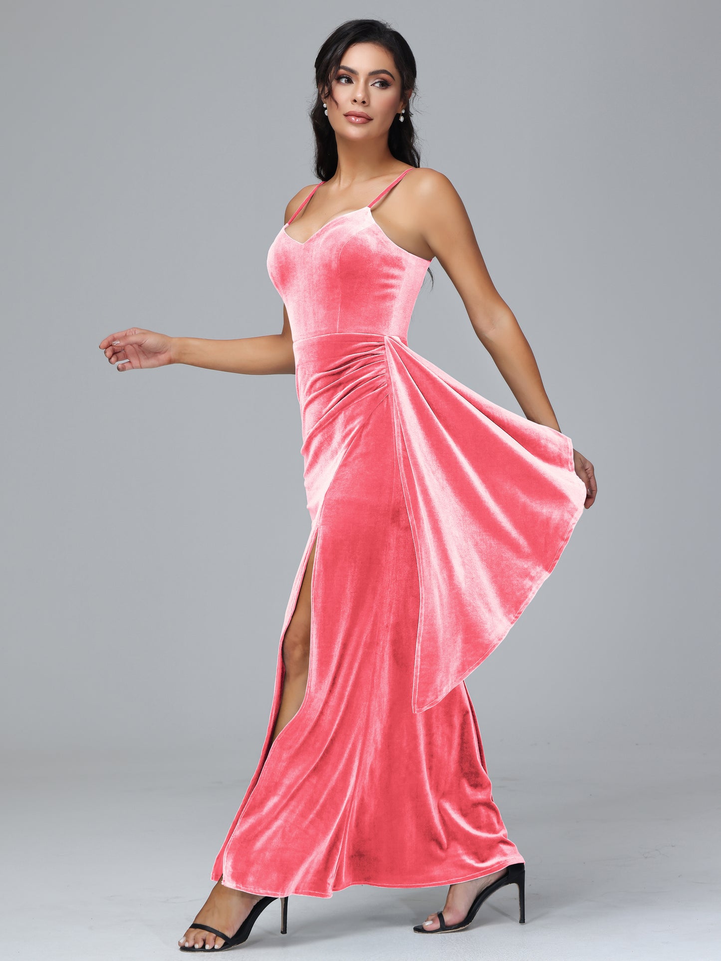 Spaghetti Straps V Neck Velvet Bridesmaid Dress With Slit