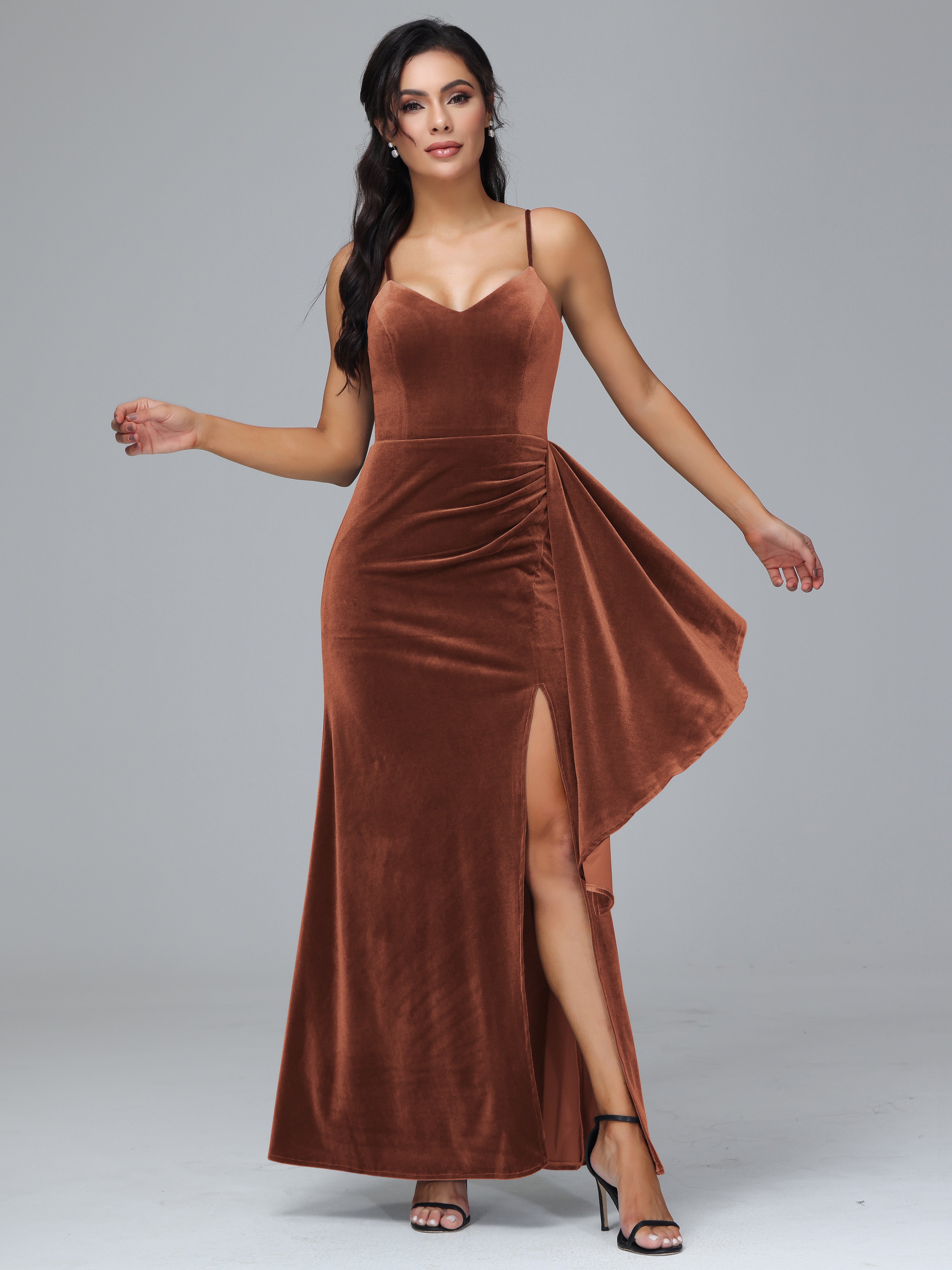 Spaghetti Straps V Neck Plus Size Velvet Bridesmaid Dress With Slit Spaghetti Straps V Neck Plus Size Velvet Bridesmaid Dress With Slit