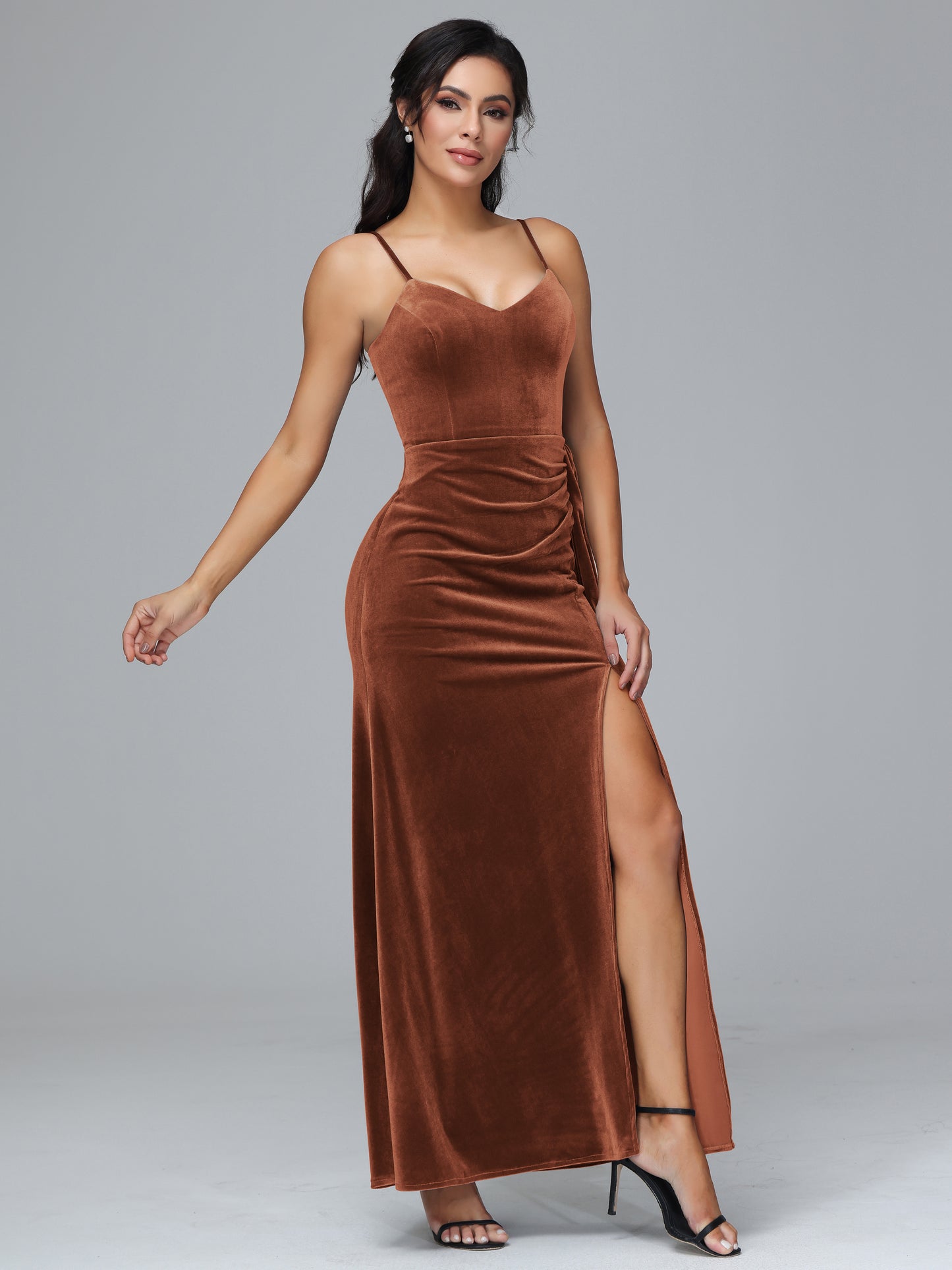 Spaghetti Straps V Neck Velvet Bridesmaid Dress With Slit