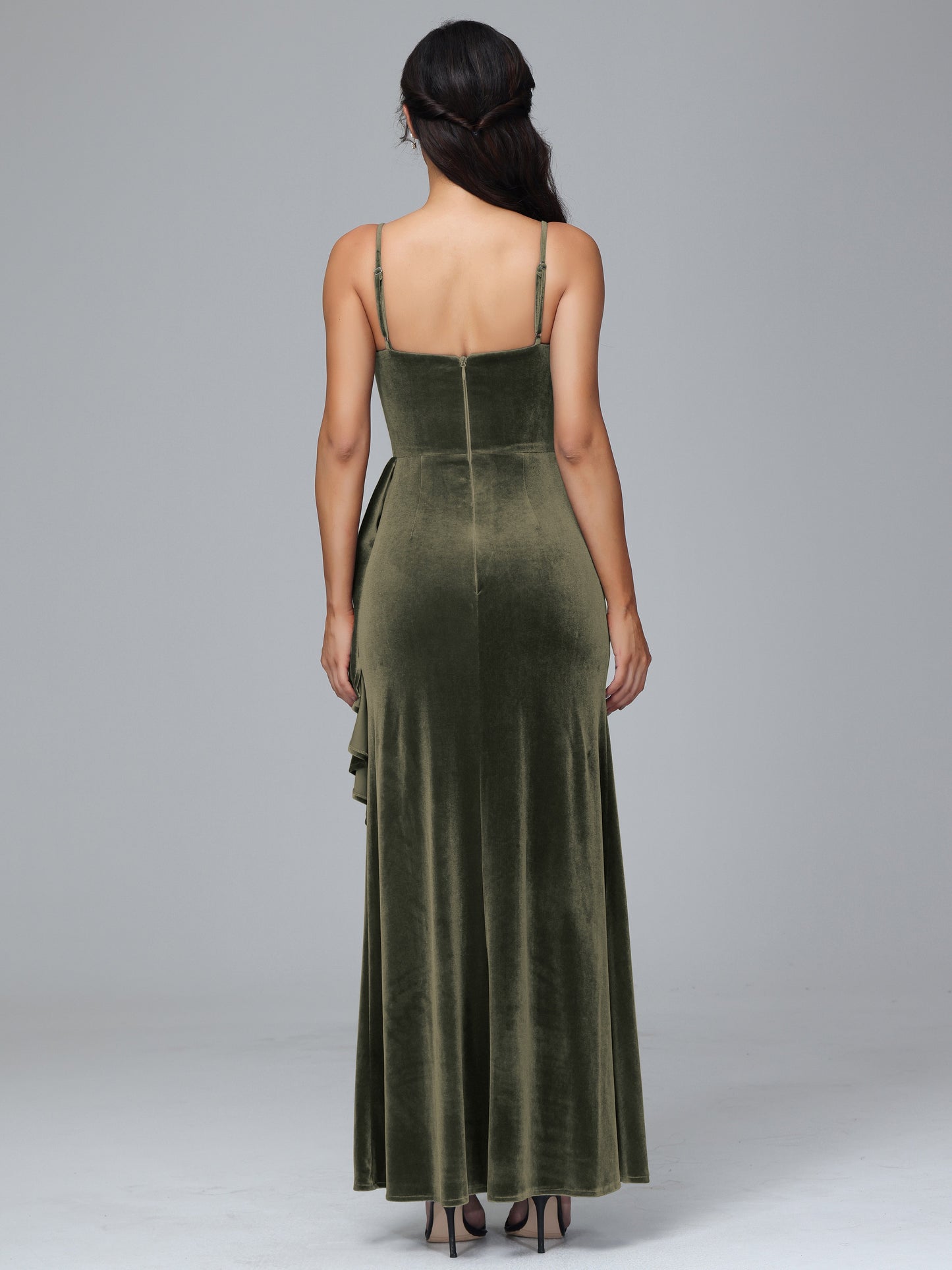 Spaghetti Straps V Neck Plus Size Velvet Bridesmaid Dress With Slit