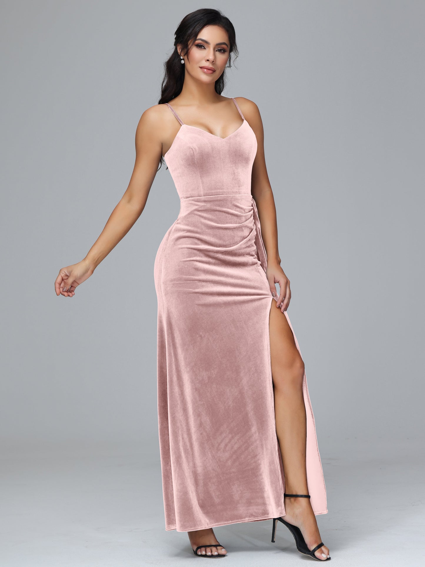 Spaghetti Straps V Neck Plus Size Velvet Bridesmaid Dress With Slit