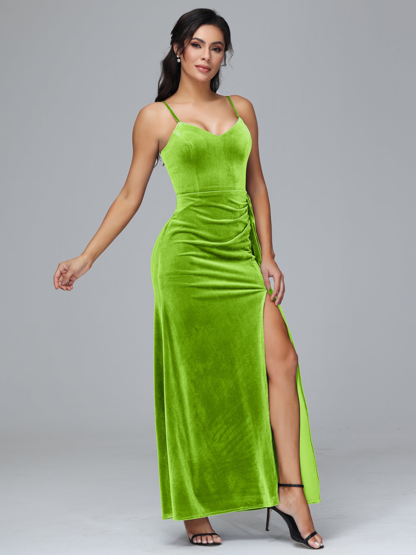 Spaghetti Straps V Neck Velvet Bridesmaid Dress With Slit