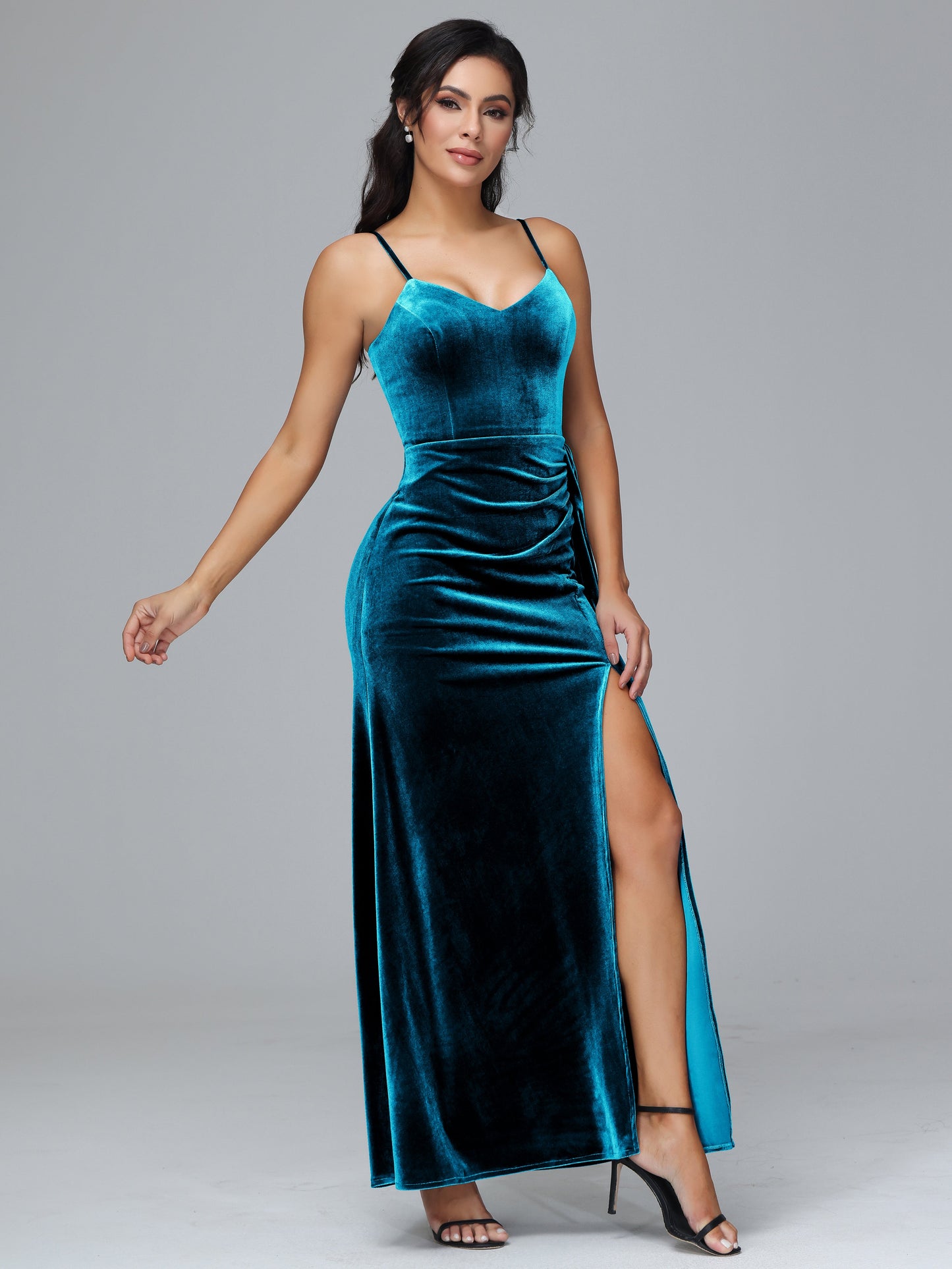 Spaghetti Straps V Neck Plus Size Velvet Bridesmaid Dress With Slit