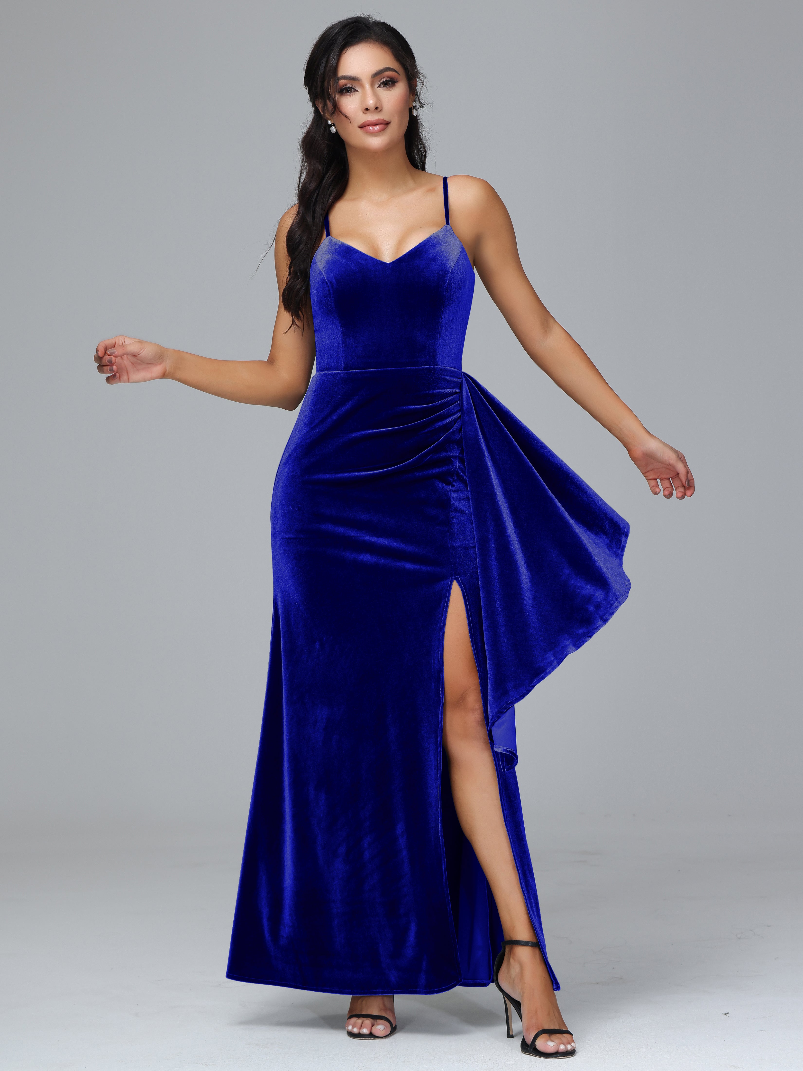 Spaghetti Straps V Neck Velvet Bridesmaid Dress With Slit Spaghetti Straps V Neck Velvet Bridesmaid Dress With Slit