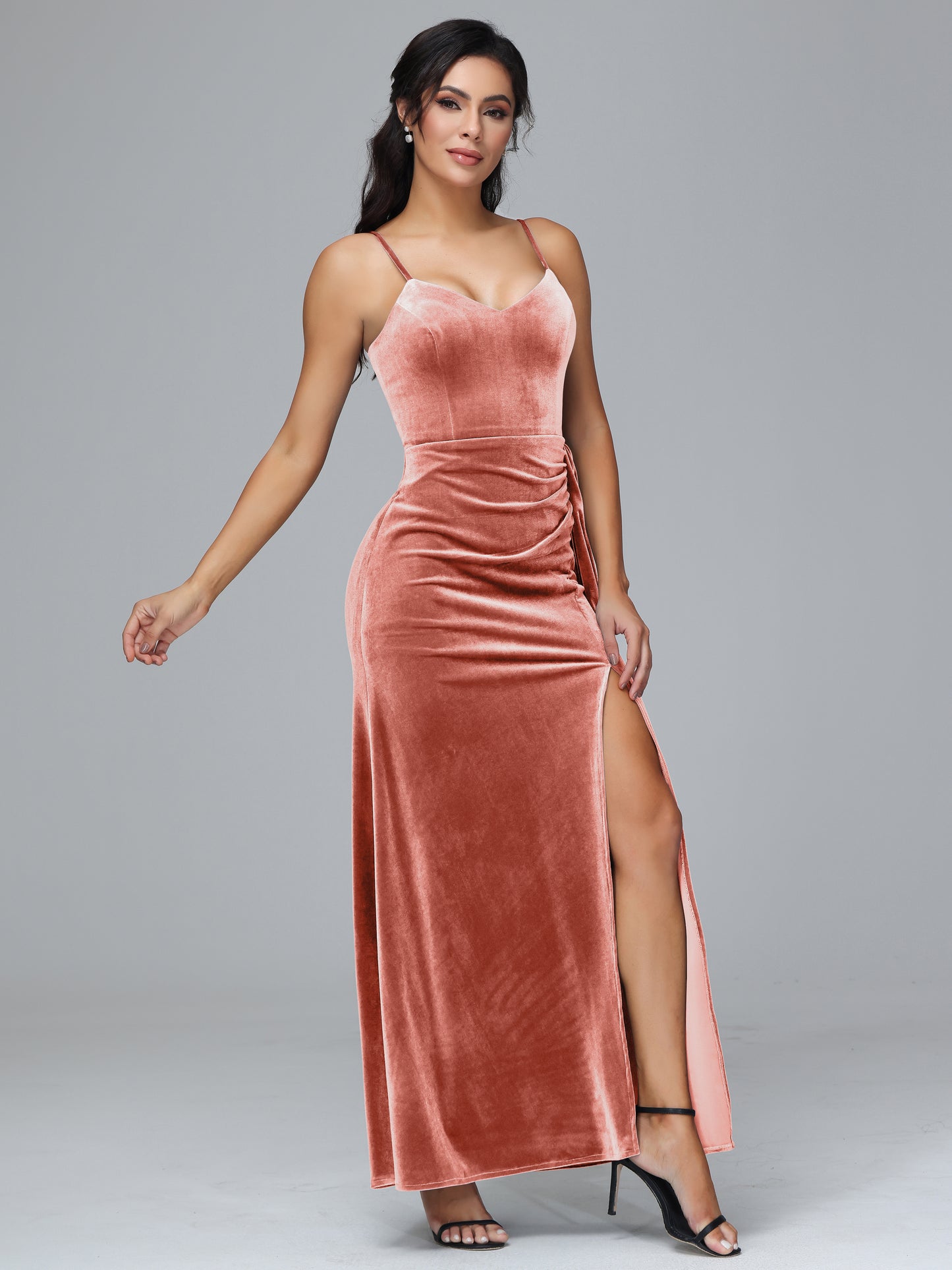 Spaghetti Straps V Neck Velvet Bridesmaid Dress With Slit