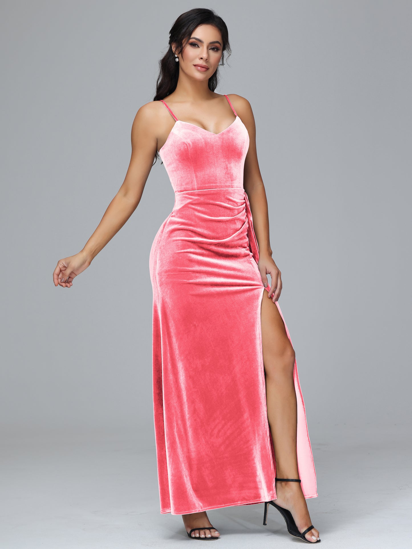 Spaghetti Straps V Neck Velvet Bridesmaid Dress With Slit