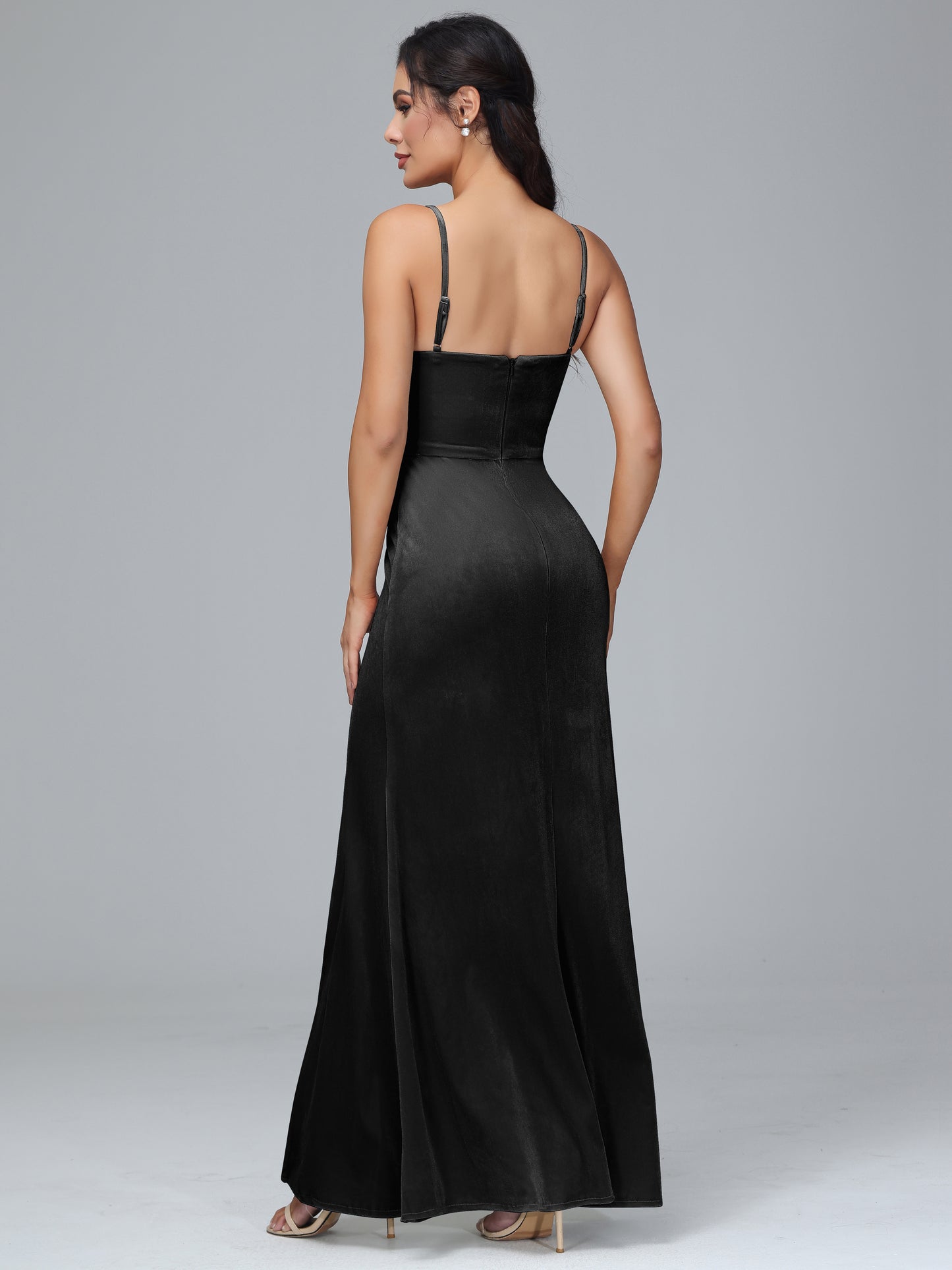 Spaghetti Straps Zipper Back Velvet Bridesmaid Dress With Slit