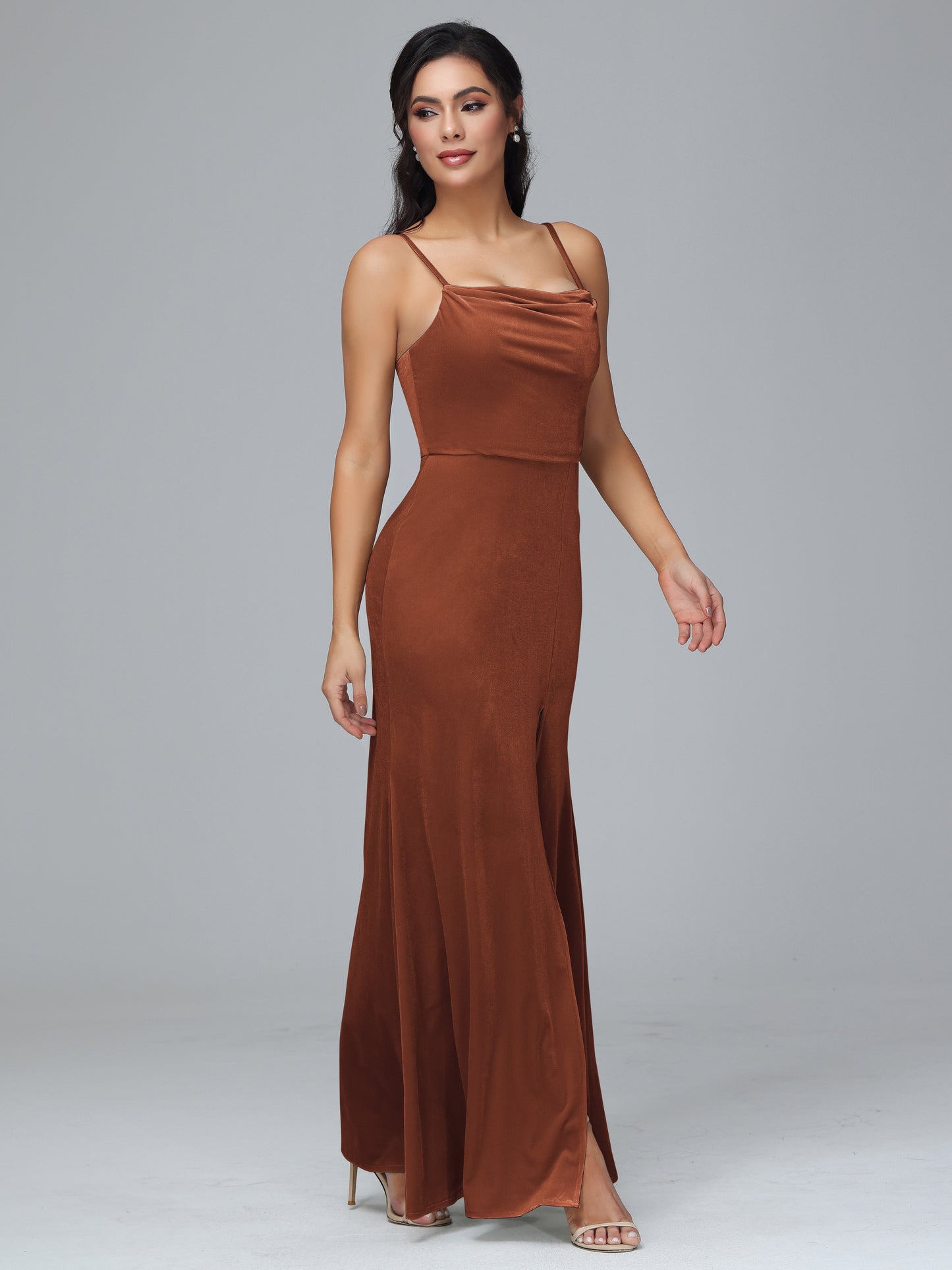 Spaghetti Straps Zipper Back Plus Size Velvet Bridesmaid Dress With Slit