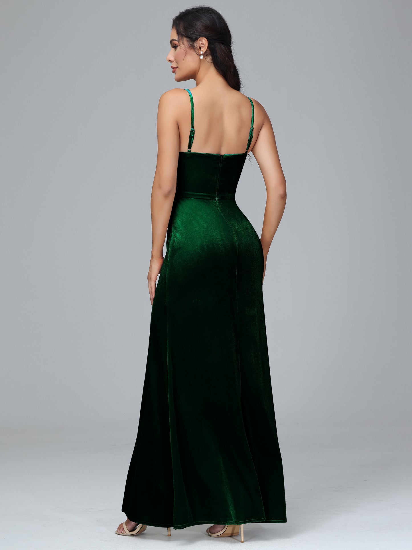 Spaghetti Straps Zipper Back Plus Size Velvet Bridesmaid Dress With Slit