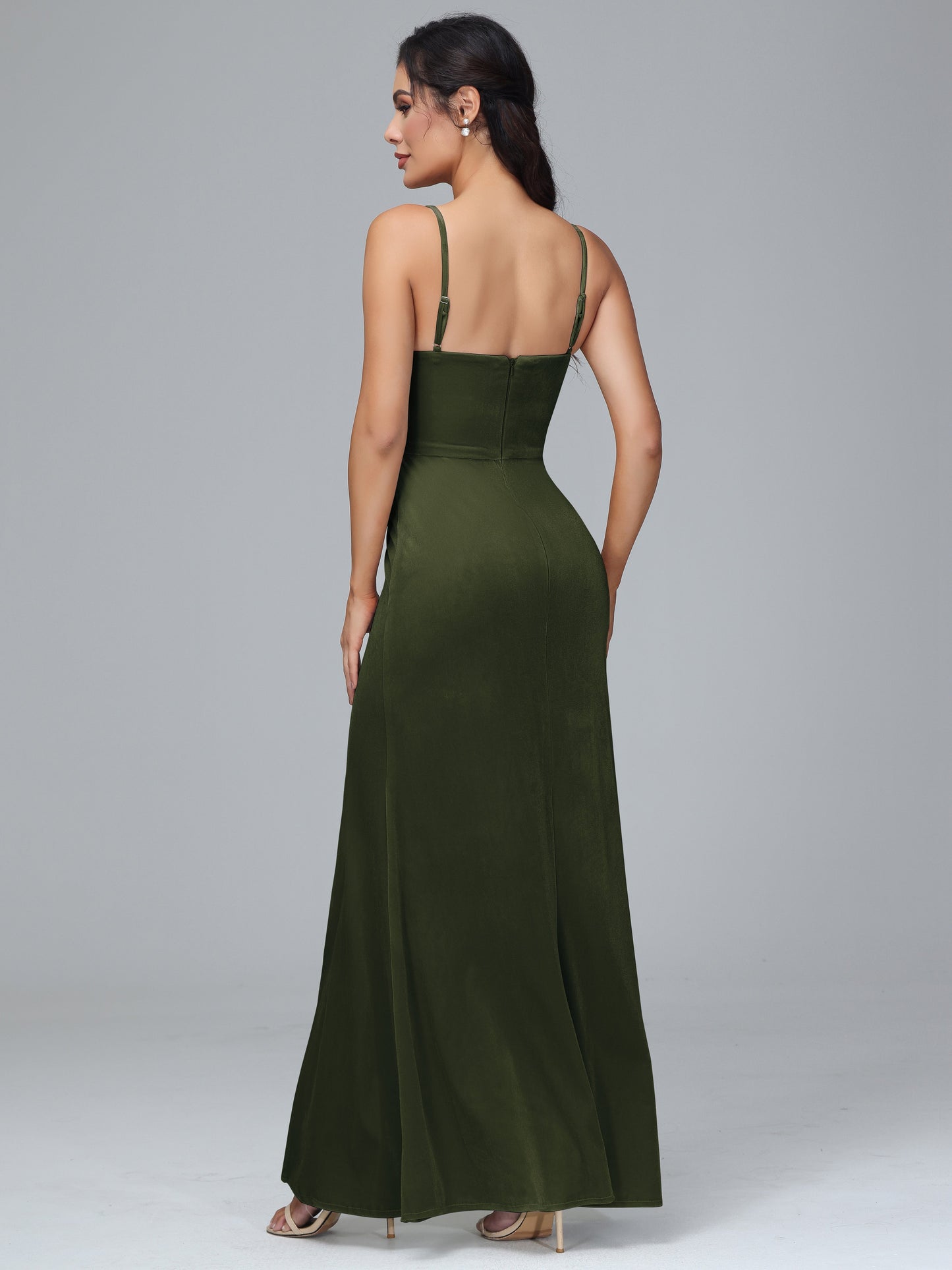Spaghetti Straps Zipper Back Plus Size Velvet Bridesmaid Dress With Slit